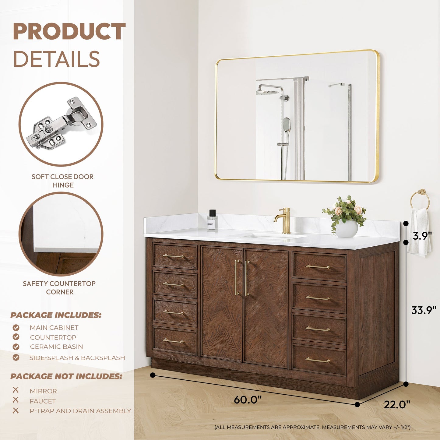 Jakarta 60" Freestanding Single Bath Vanity in Aged Dark Brown Oak with Silk White Quartz Stone Top