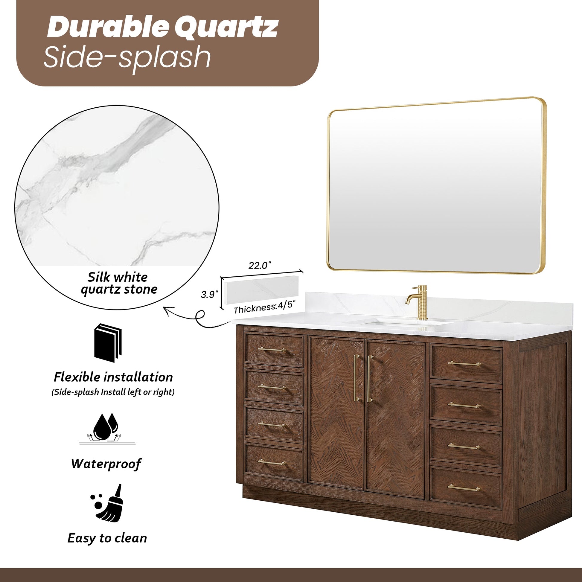 Jakarta 60" Freestanding Single Bath Vanity in Aged Dark Brown Oak with Silk White Quartz Stone Top