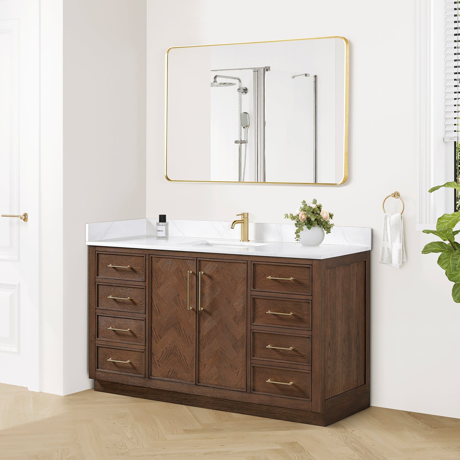 Jakarta 60" Freestanding Single Bath Vanity in Aged Dark Brown Oak with Silk White Quartz Stone Top