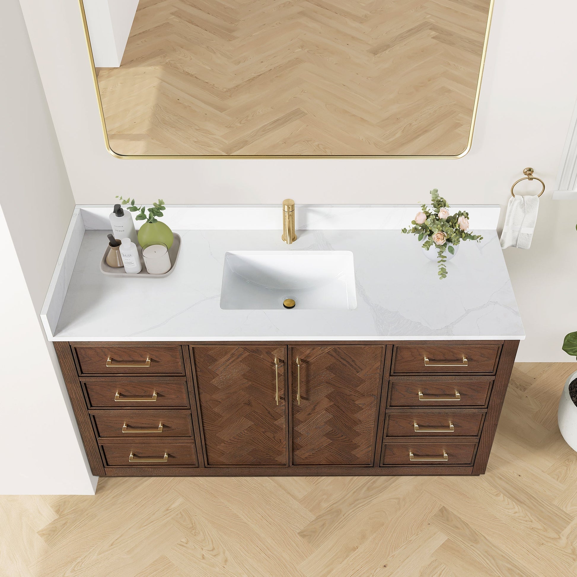 Jakarta 60" Freestanding Single Bath Vanity in Aged Dark Brown Oak with Silk White Quartz Stone Top