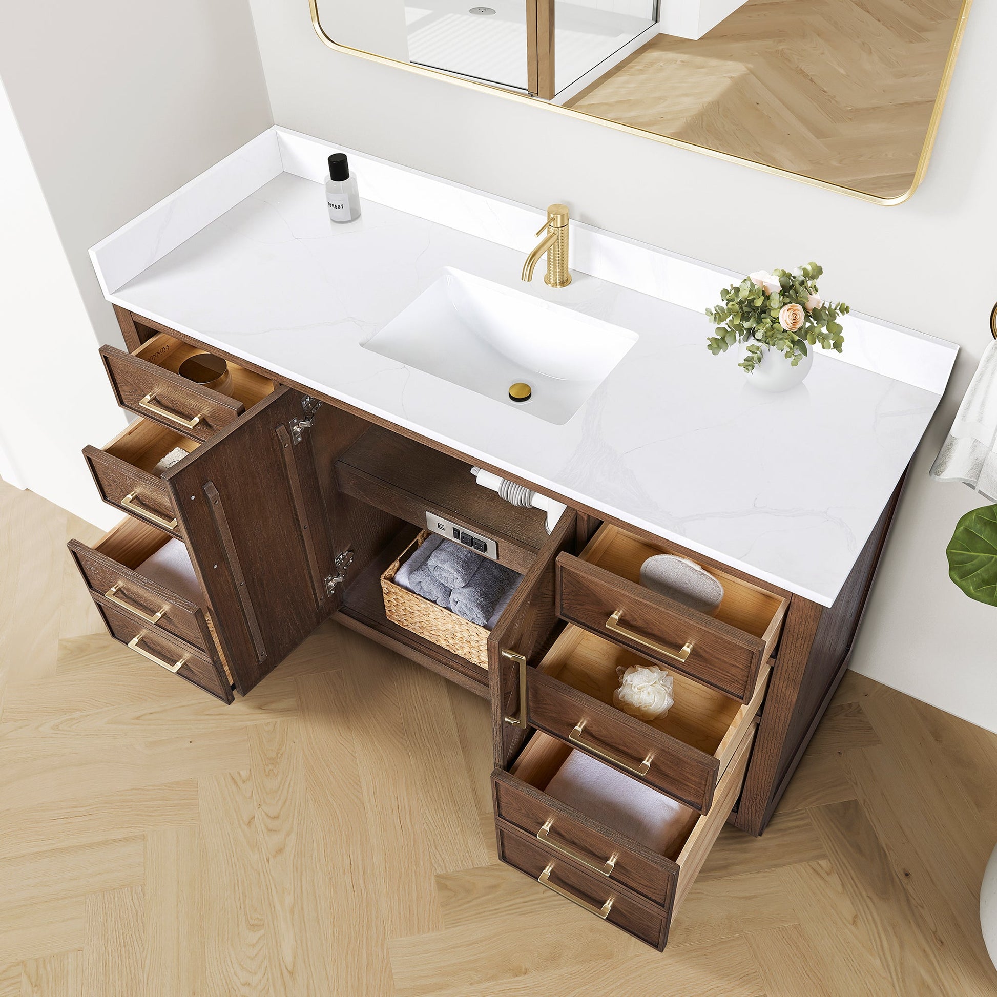 Jakarta 60" Freestanding Single Bath Vanity in Aged Dark Brown Oak with Silk White Quartz Stone Top