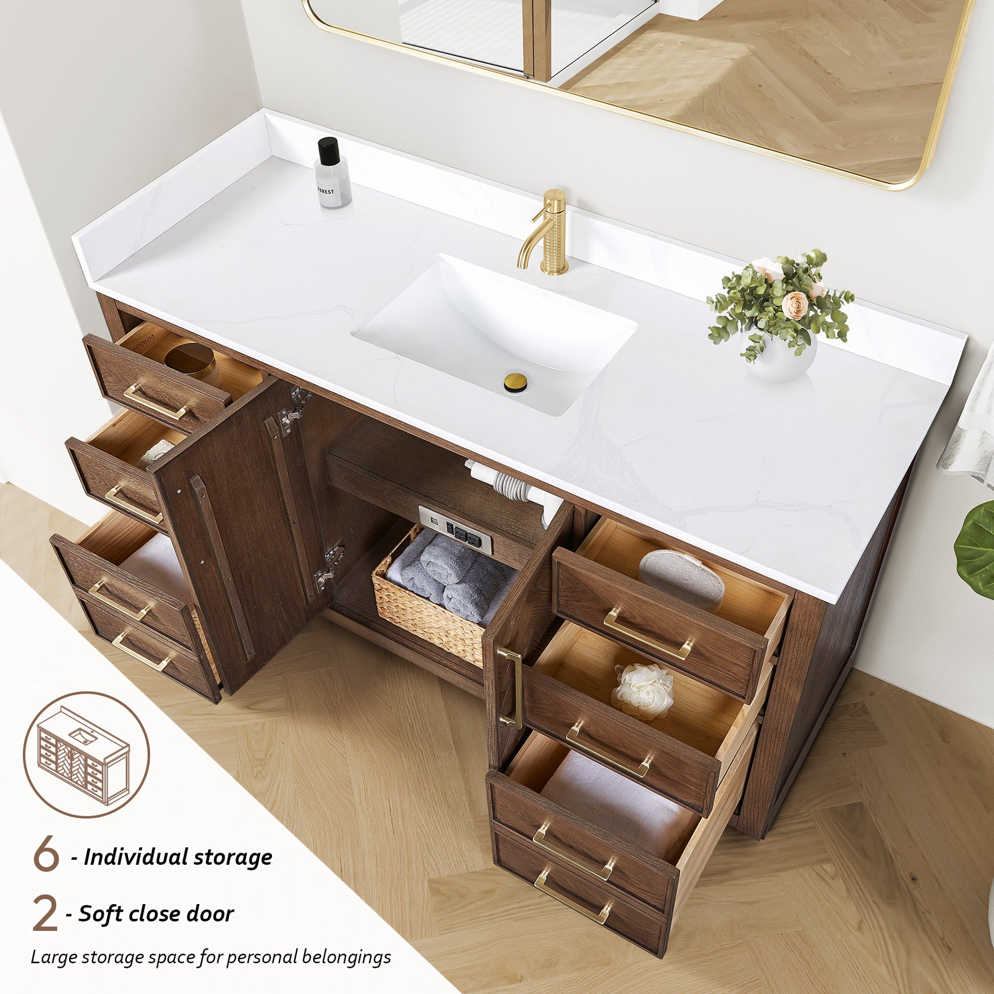 Jakarta 60" Freestanding Single Bath Vanity in Aged Dark Brown Oak with Silk White Quartz Stone Top