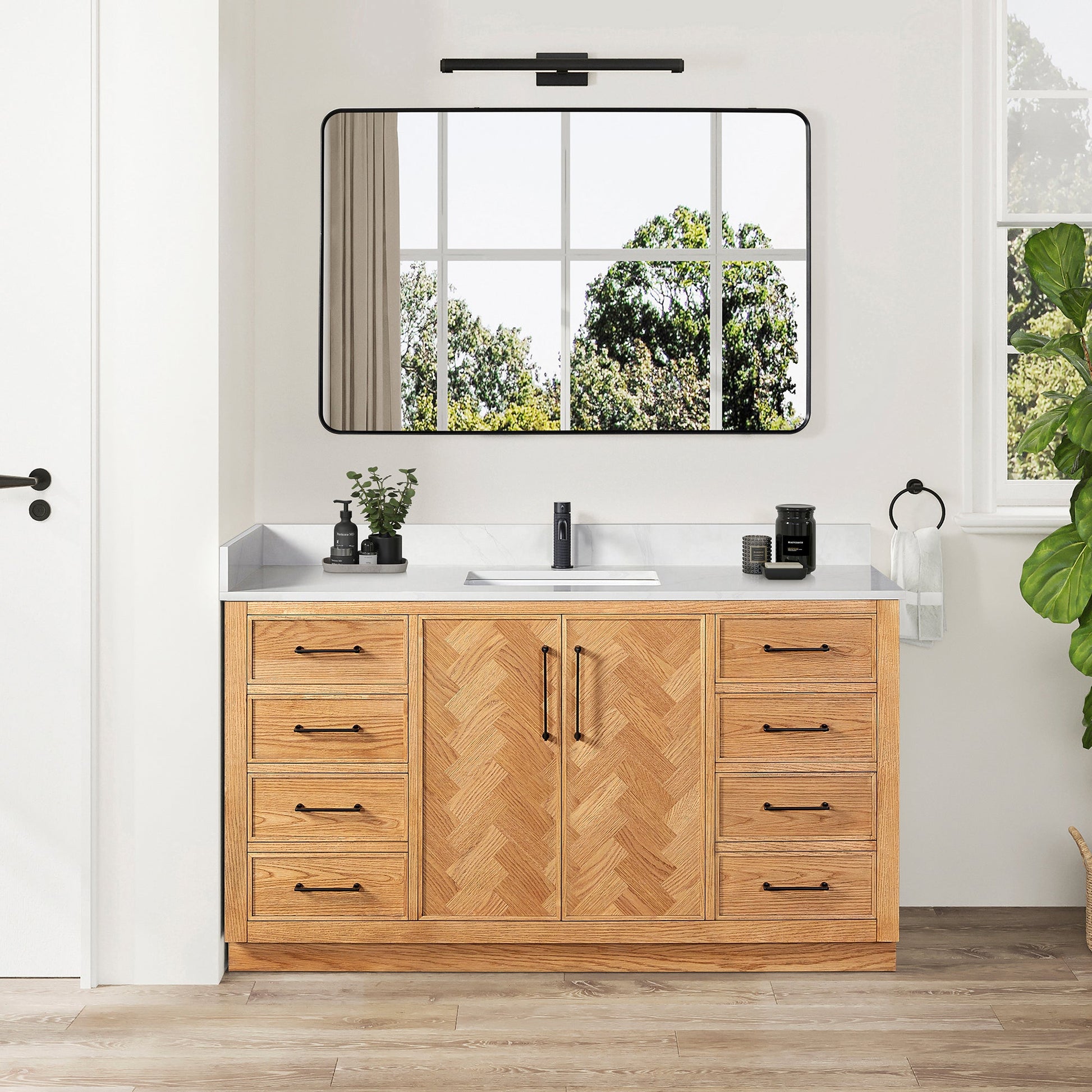 Jakarta 60" Freestanding Single Bath Vanity in Oak Weathering Light Brown with Silk White Quartz Stone Top