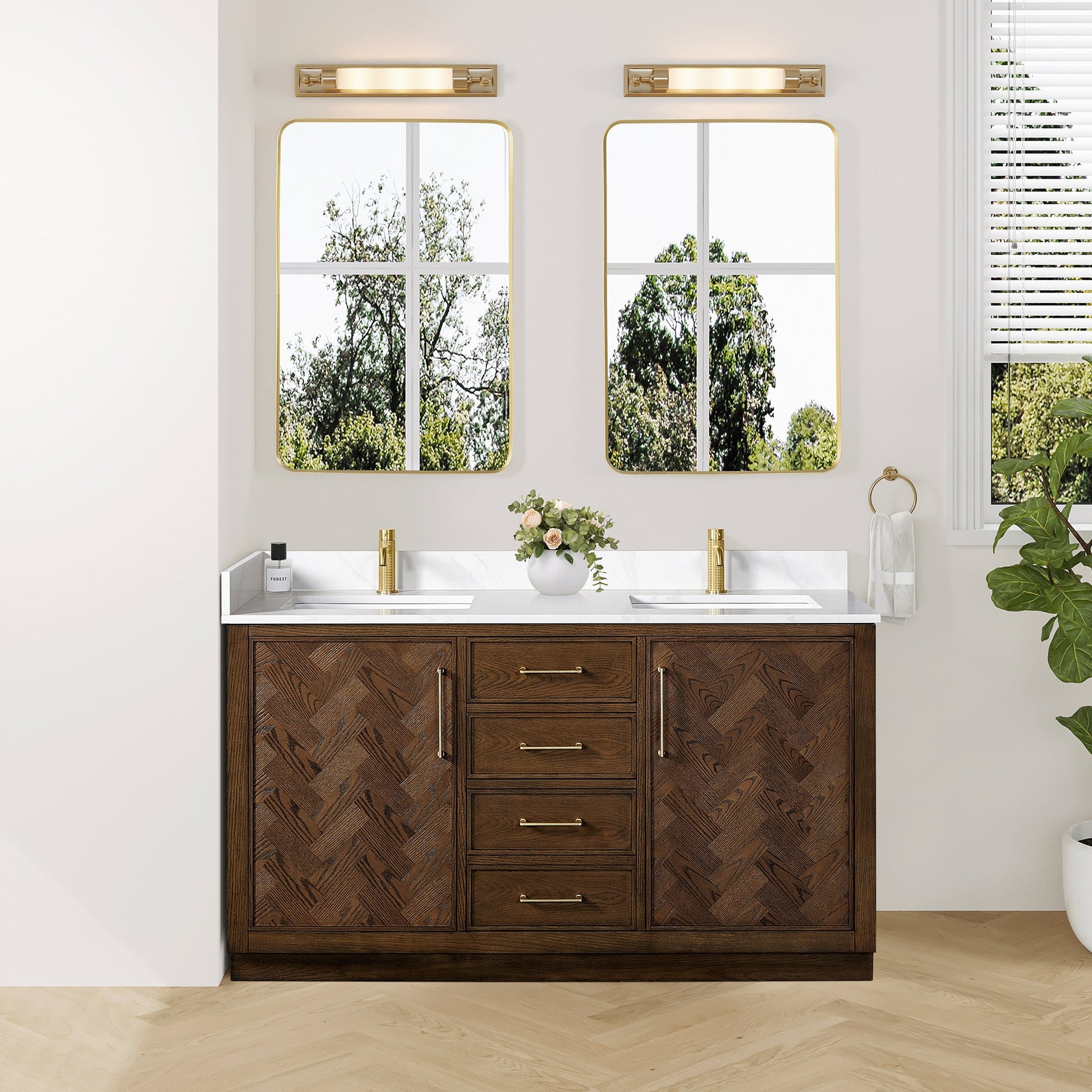 Jakarta 60M" Freestanding Double Bath Vanity in Aged Dark Brown Oak with Silk White Quartz Stone Top