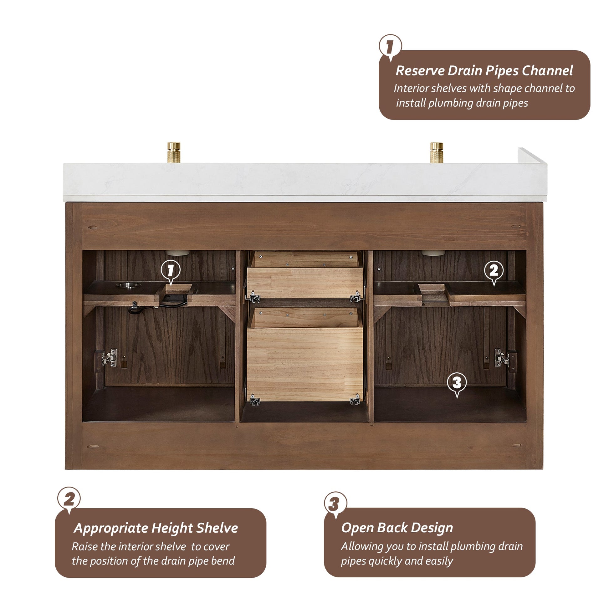 Jakarta 60M" Freestanding Double Bath Vanity in Aged Dark Brown Oak with Silk White Quartz Stone Top