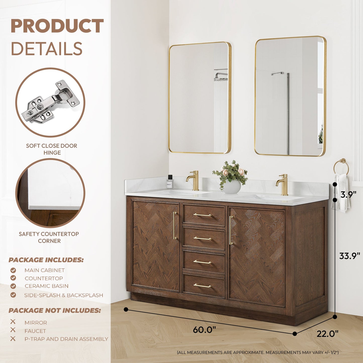 Jakarta 60M" Freestanding Double Bath Vanity in Aged Dark Brown Oak with Silk White Quartz Stone Top
