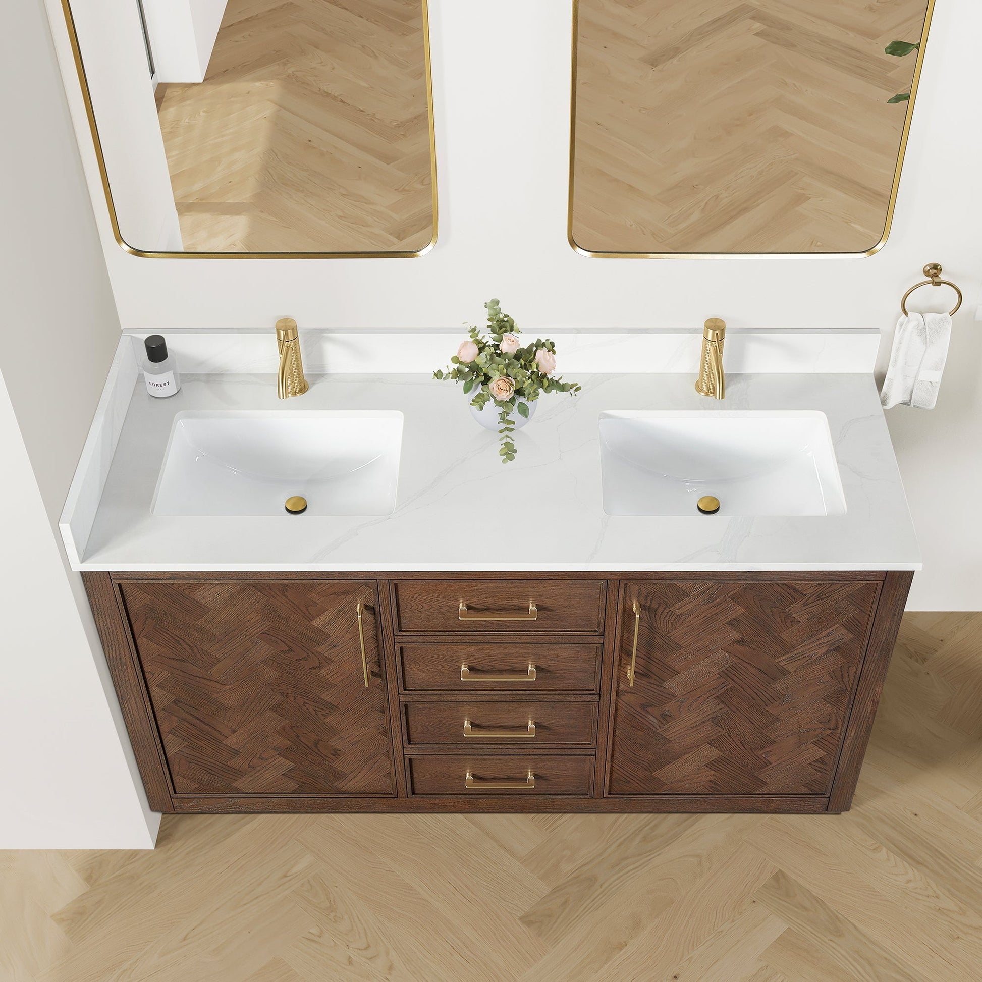 Jakarta 60M" Freestanding Double Bath Vanity in Aged Dark Brown Oak with Silk White Quartz Stone Top
