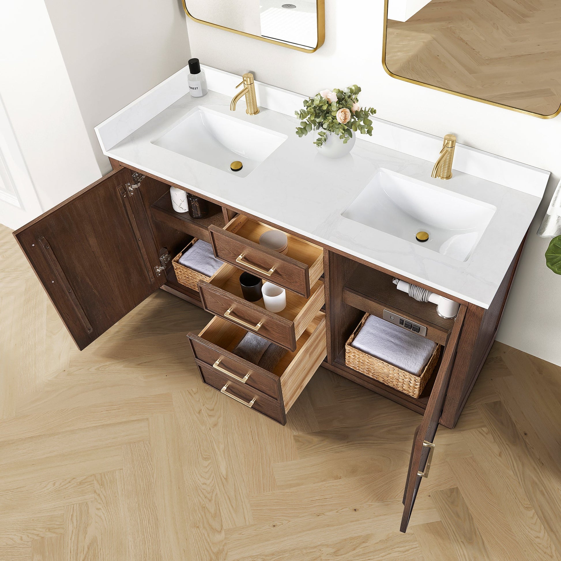 Jakarta 60M" Freestanding Double Bath Vanity in Aged Dark Brown Oak with Silk White Quartz Stone Top