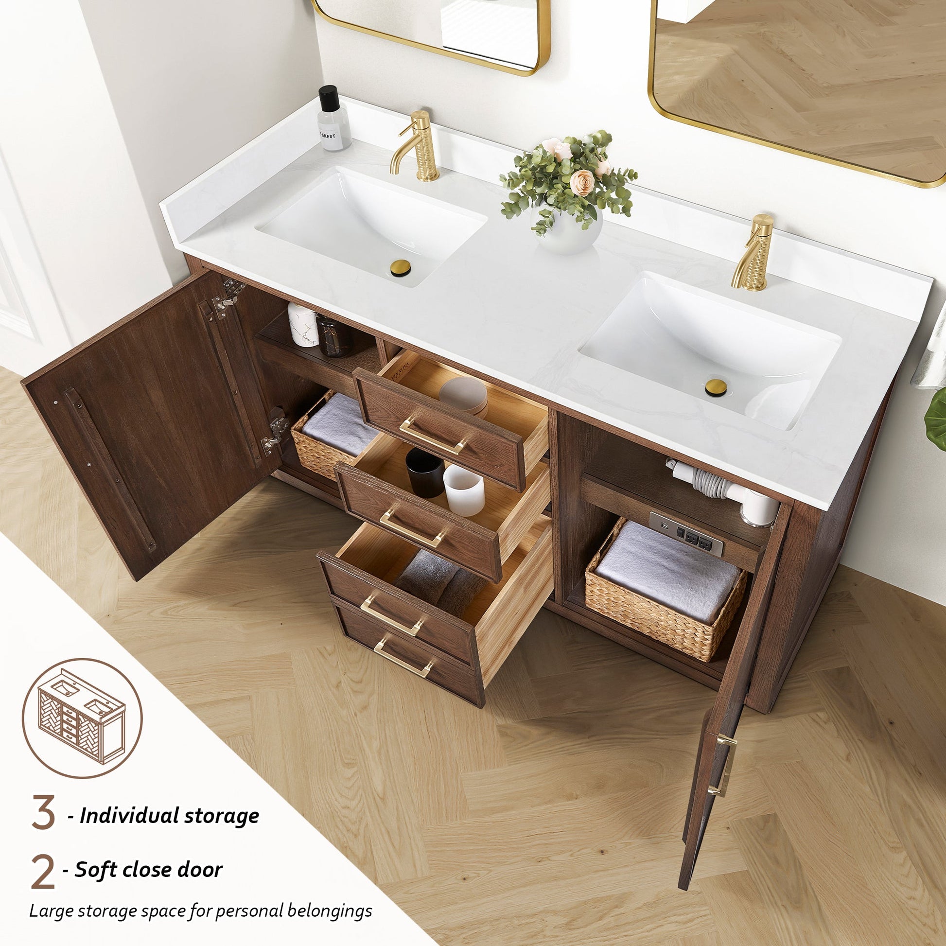 Jakarta 60M" Freestanding Double Bath Vanity in Aged Dark Brown Oak with Silk White Quartz Stone Top