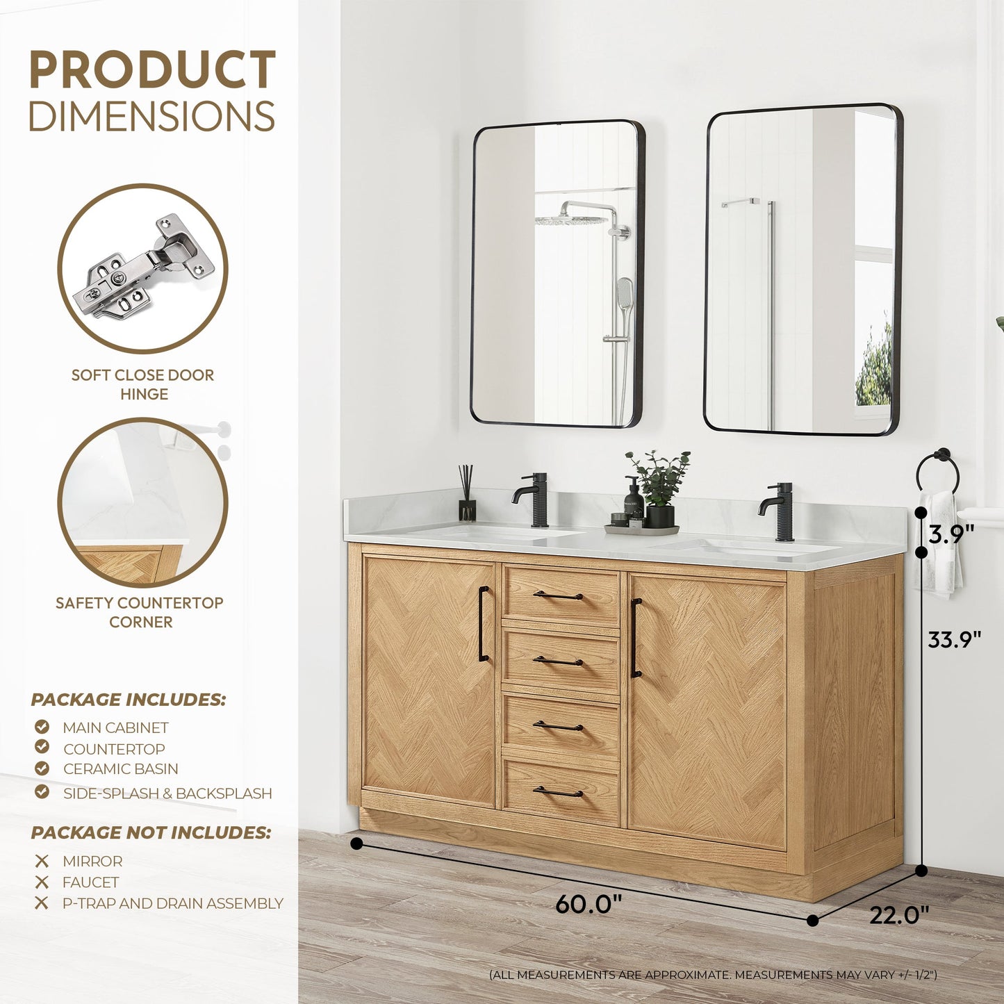 Jakarta 60M" Freestanding Double Bath Vanity in Oak Weathering Light Brown with Silk White Quartz Stone Top