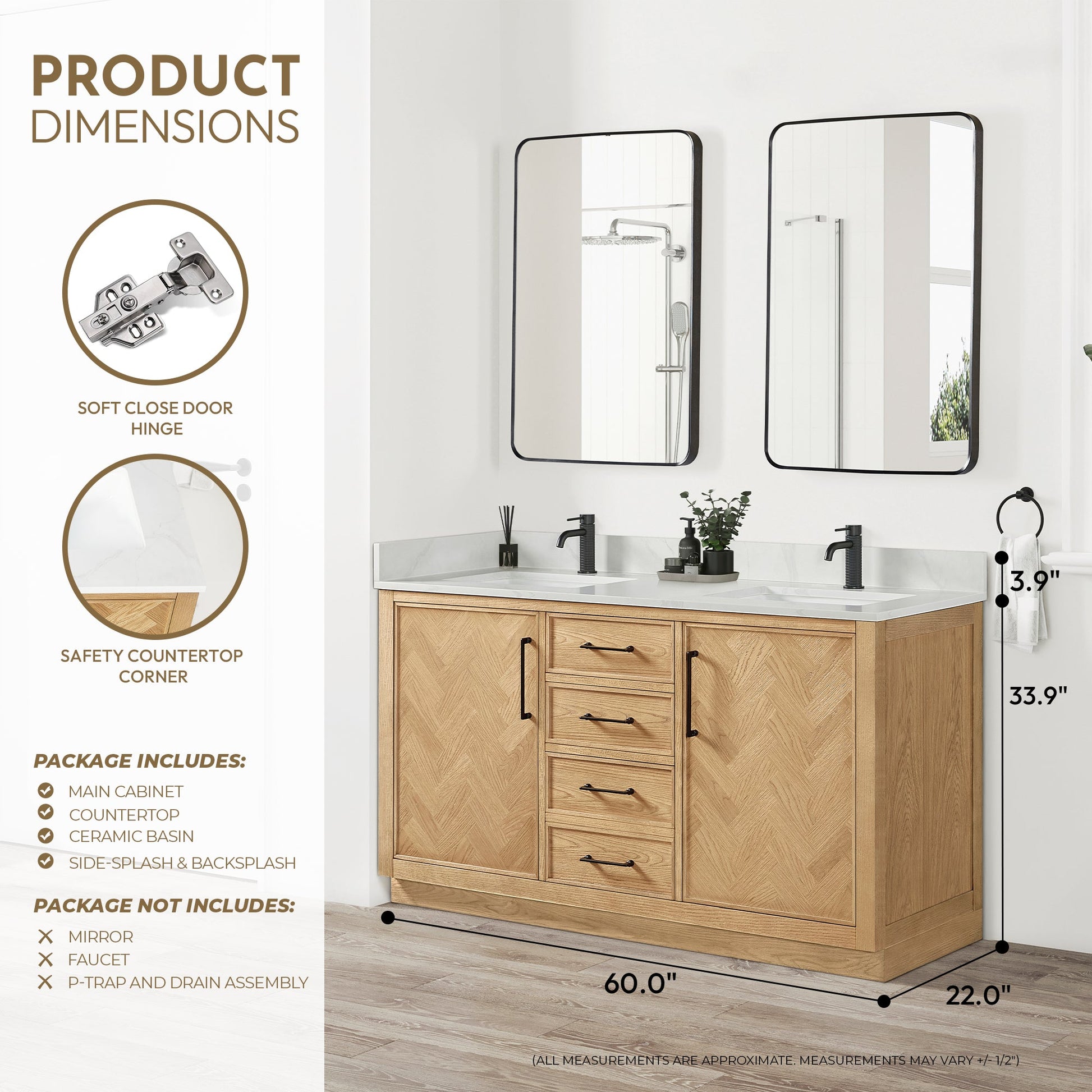 Jakarta 60M" Freestanding Double Bath Vanity in Oak Weathering Light Brown with Silk White Quartz Stone Top