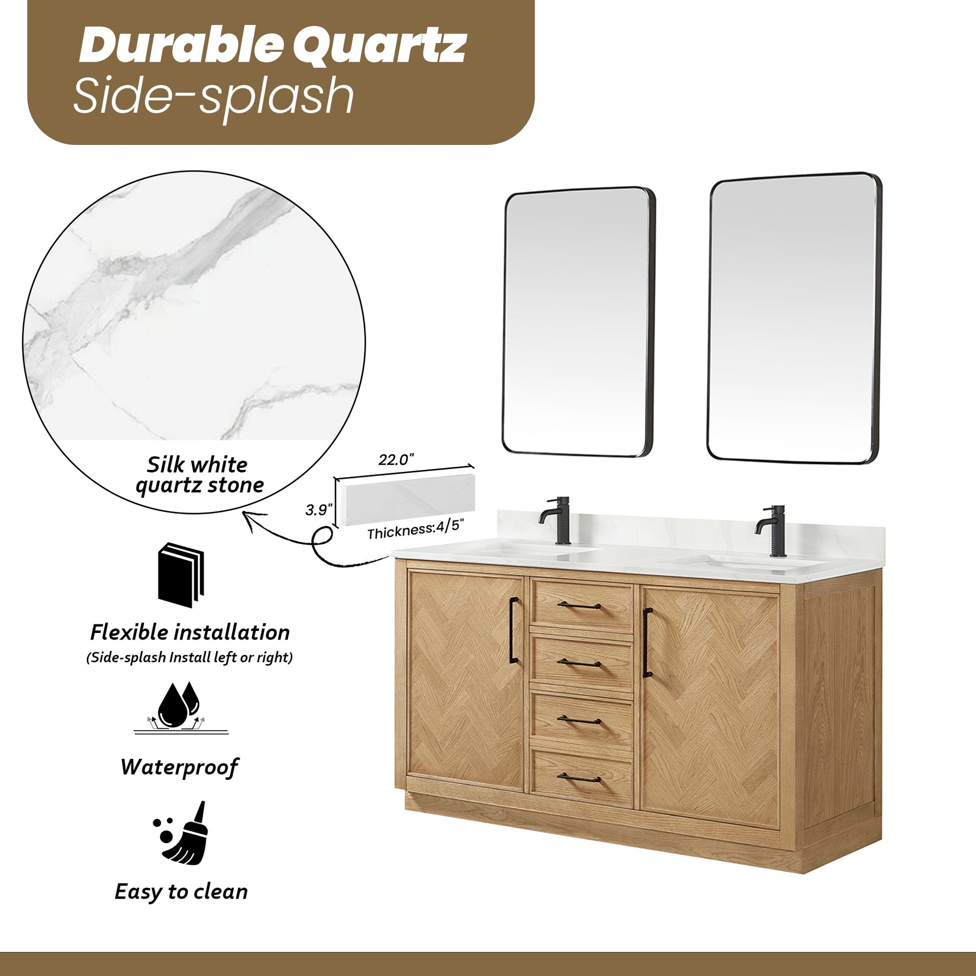 Jakarta 60" Freestanding Single Bath Vanity in Oak Weathering Light Brown with Silk White Quartz Stone Top