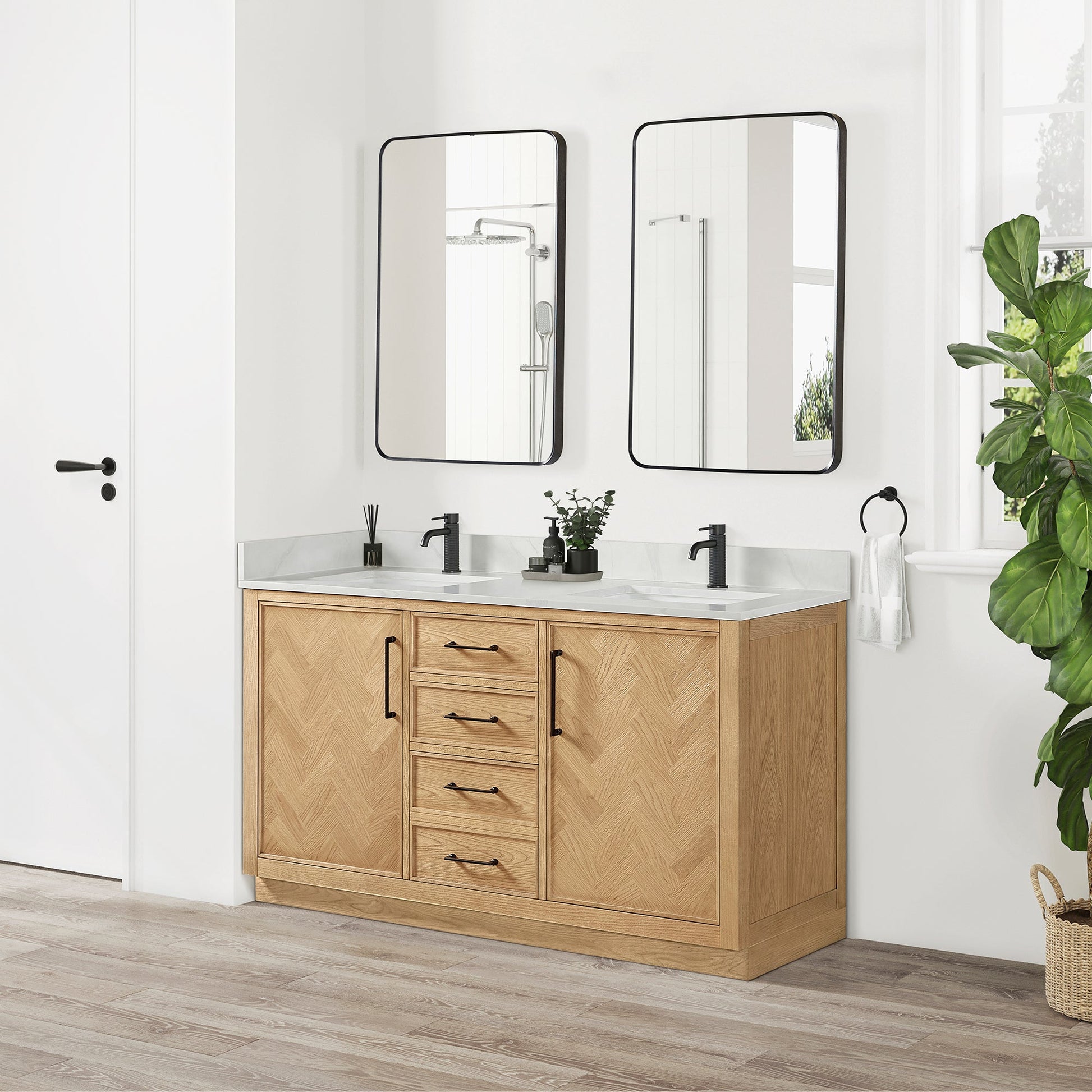 Jakarta 60M" Freestanding Double Bath Vanity in Oak Weathering Light Brown with Silk White Quartz Stone Top