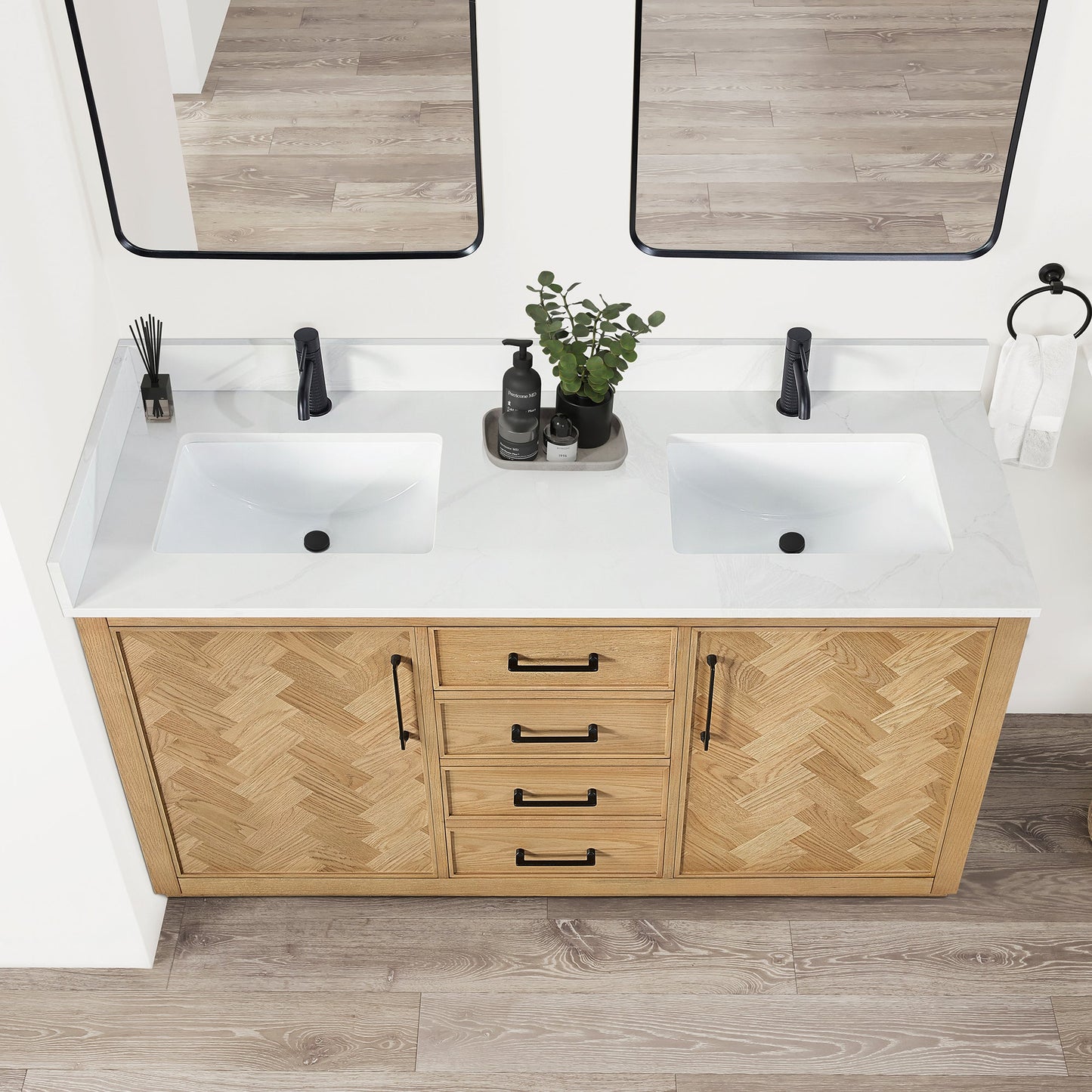 Jakarta 60M" Freestanding Double Bath Vanity in Oak Weathering Light Brown with Silk White Quartz Stone Top