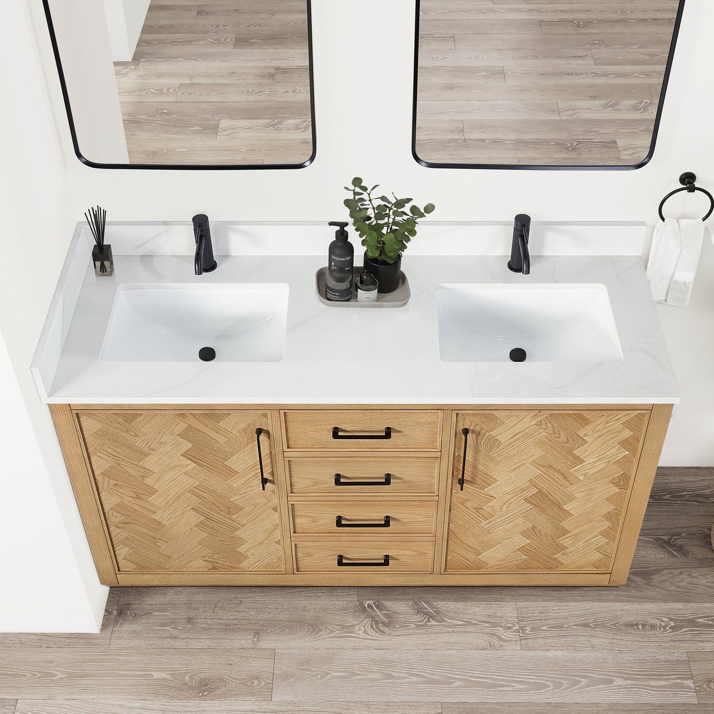 Jakarta 60" Freestanding Single Bath Vanity in Oak Weathering Light Brown with Silk White Quartz Stone Top