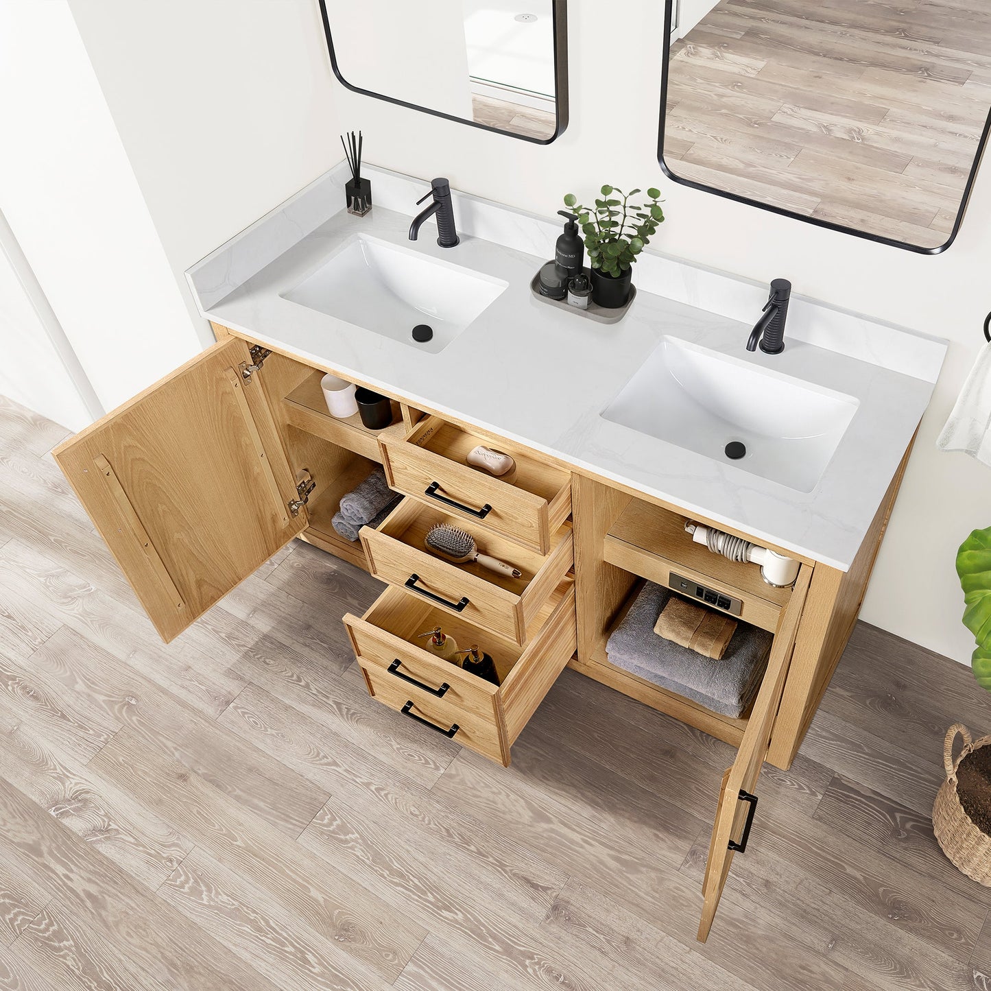 Jakarta 60M" Freestanding Double Bath Vanity in Oak Weathering Light Brown with Silk White Quartz Stone Top