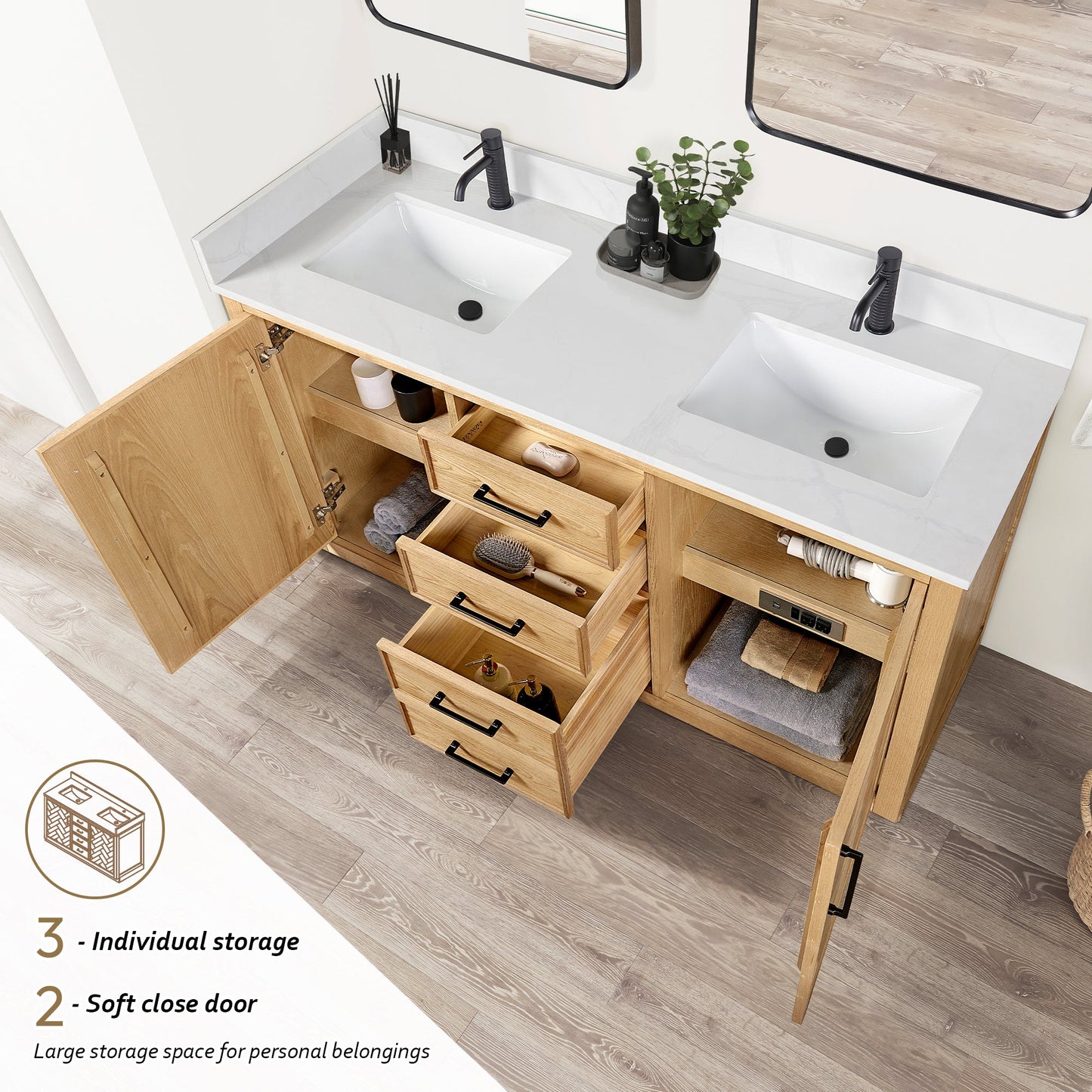 Jakarta 60M" Freestanding Double Bath Vanity in Oak Weathering Light Brown with Silk White Quartz Stone Top
