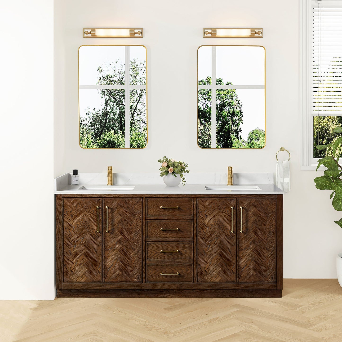 Jakarta 72" Freestanding Double Bath Vanity in Aged Dark Brown Oak with Silk White Quartz Stone Top