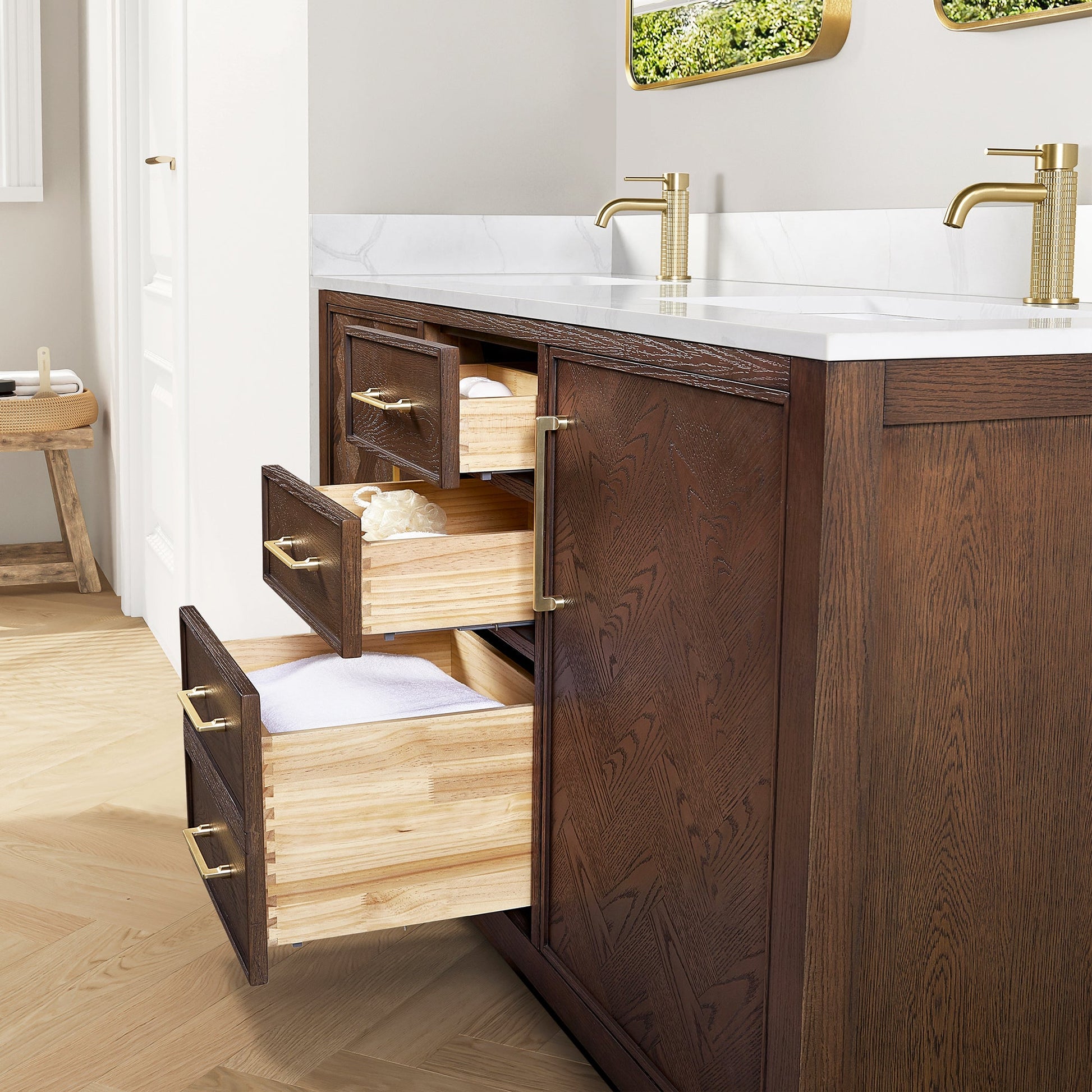 Jakarta 72" Freestanding Double Bath Vanity in Aged Dark Brown Oak with Silk White Quartz Stone Top