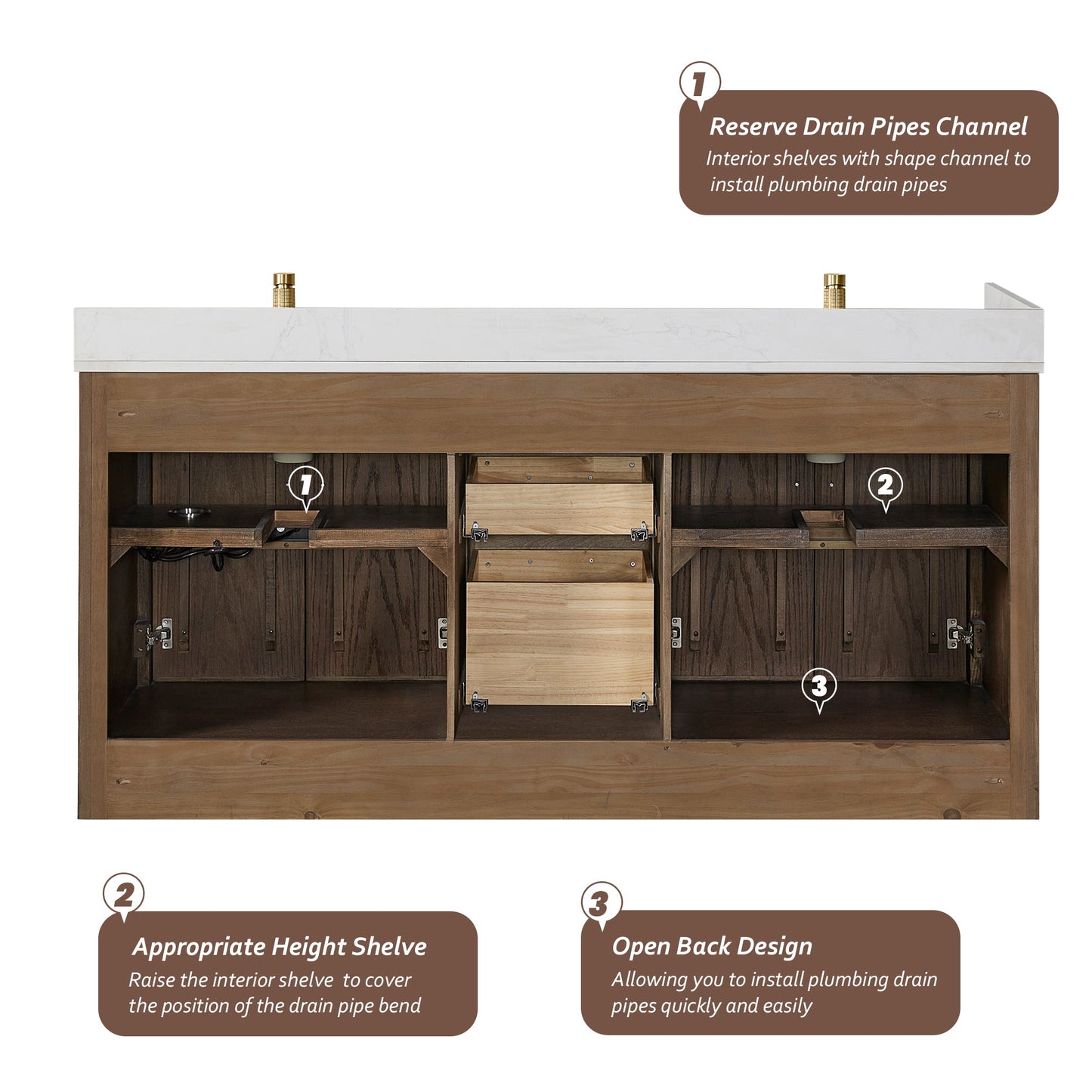 Jakarta 72" Freestanding Double Bath Vanity in Aged Dark Brown Oak with Silk White Quartz Stone Top