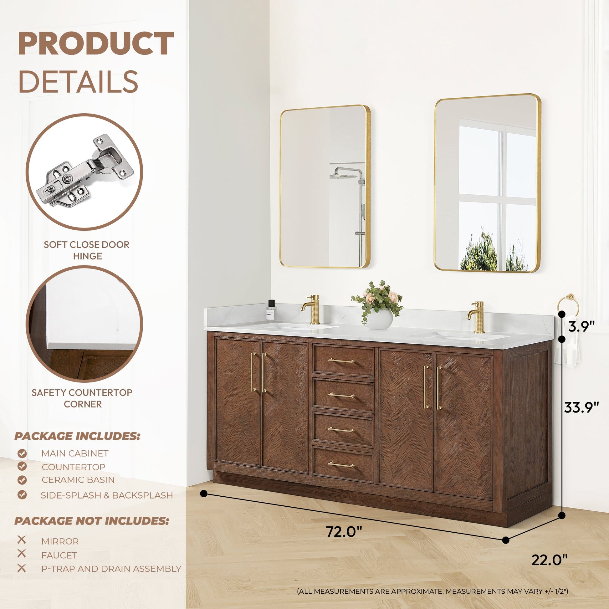 Jakarta 72" Freestanding Double Bath Vanity in Aged Dark Brown Oak with Silk White Quartz Stone Top