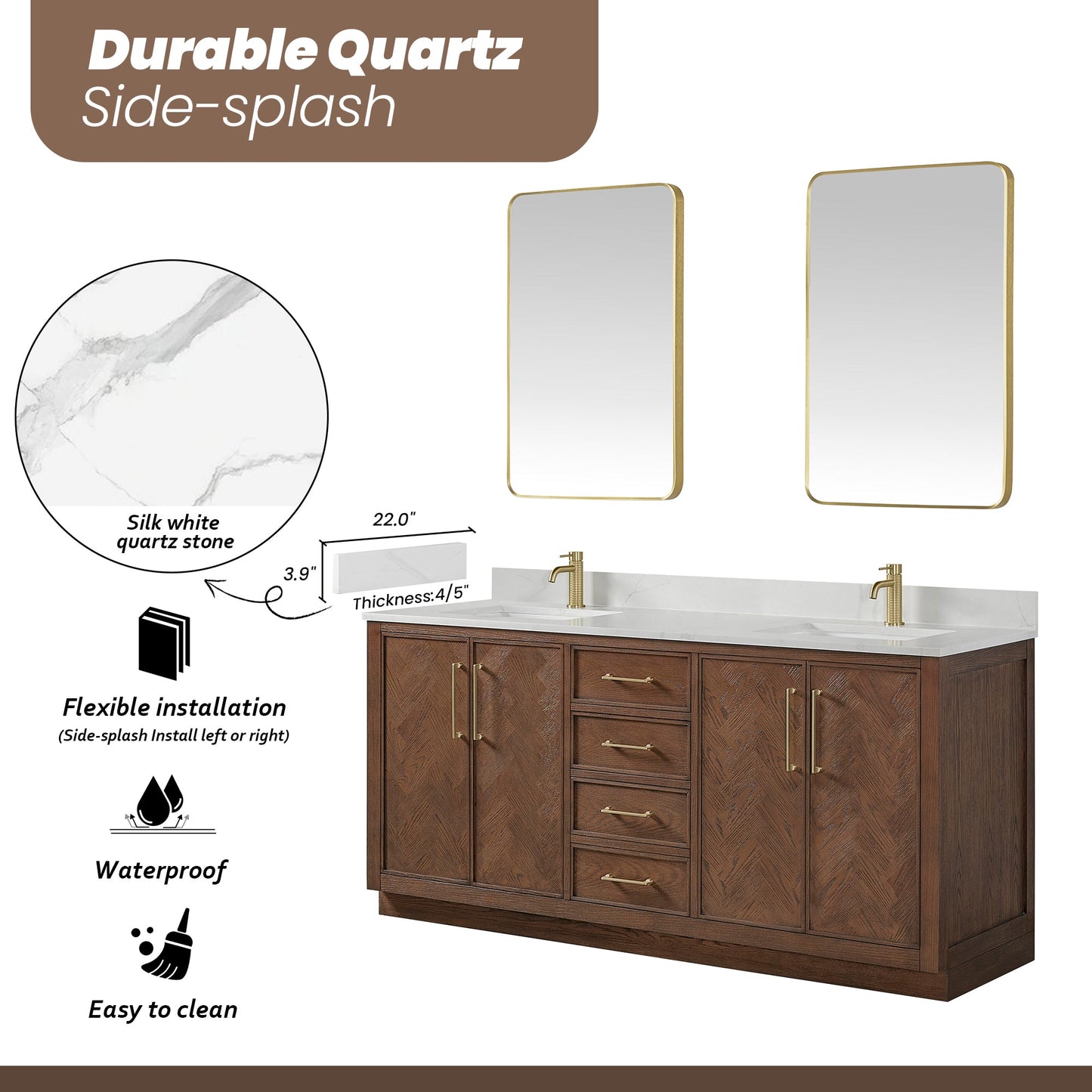Jakarta 72" Freestanding Double Bath Vanity in Aged Dark Brown Oak with Silk White Quartz Stone Top