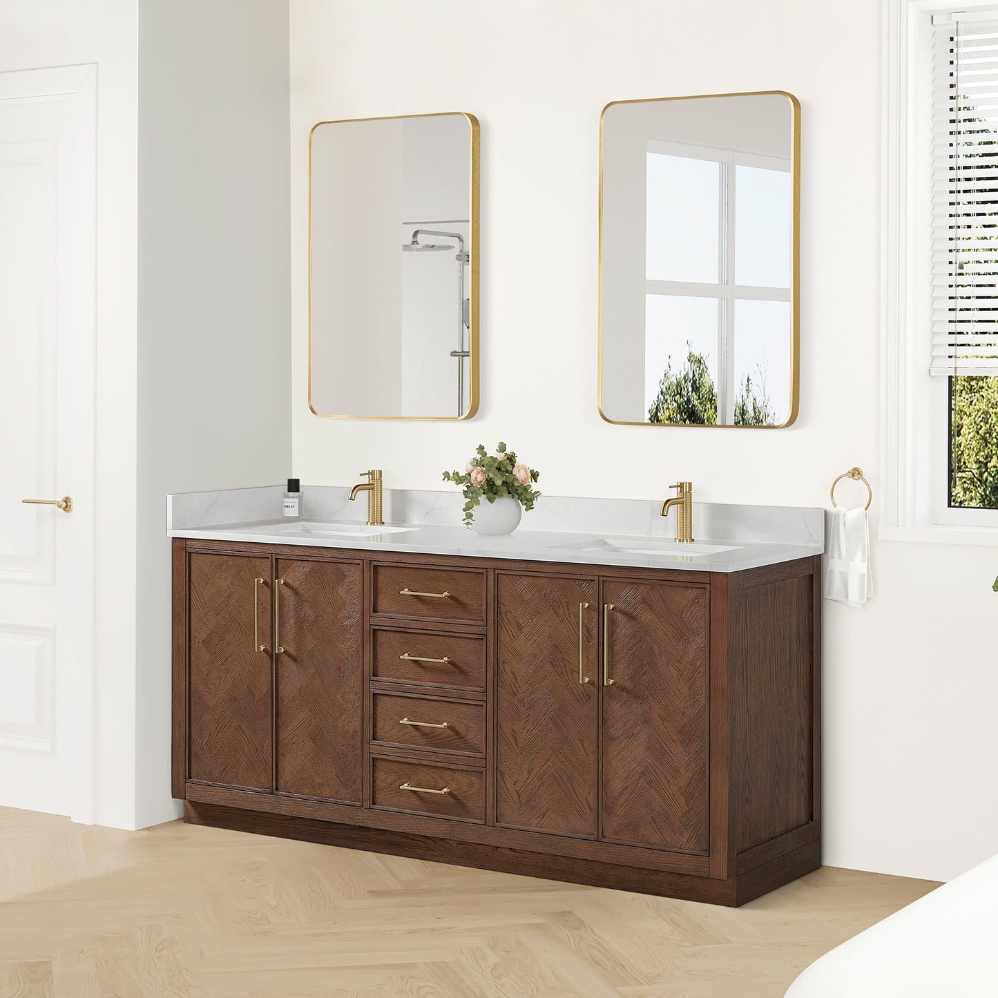 Jakarta 72" Freestanding Double Bath Vanity in Aged Dark Brown Oak with Silk White Quartz Stone Top