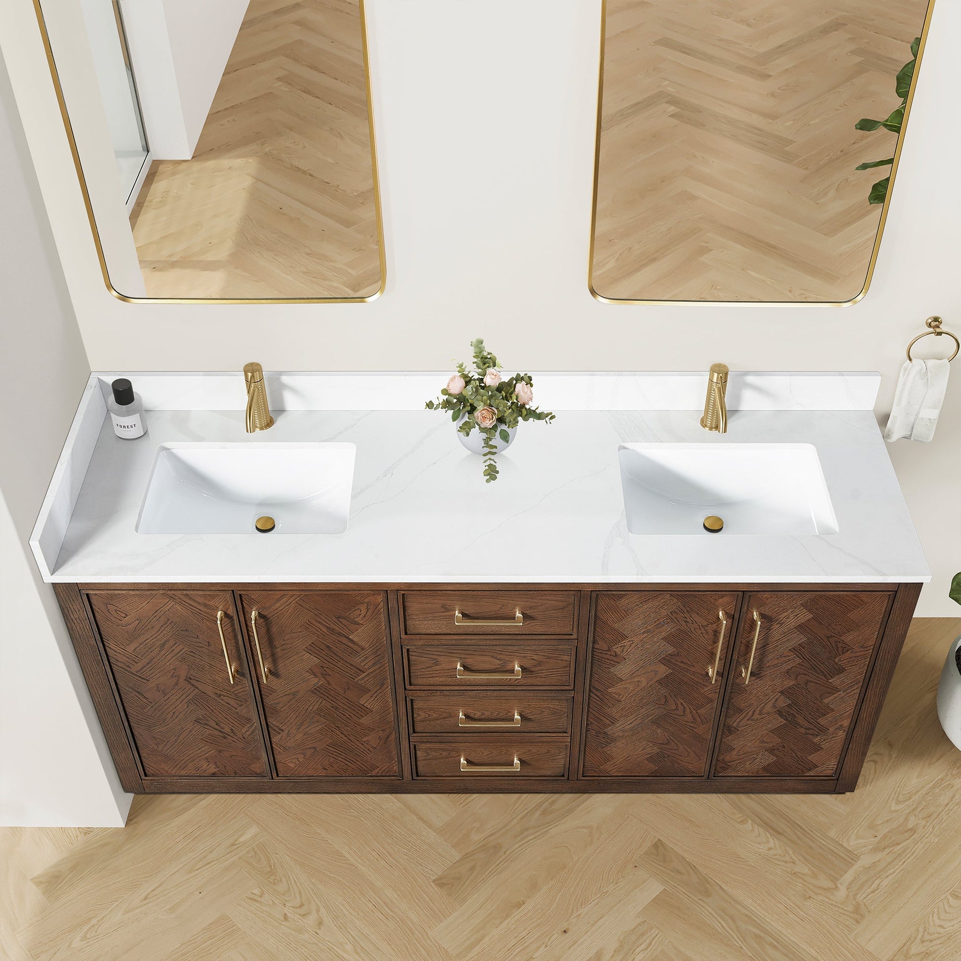 Jakarta 72" Freestanding Double Bath Vanity in Aged Dark Brown Oak with Silk White Quartz Stone Top