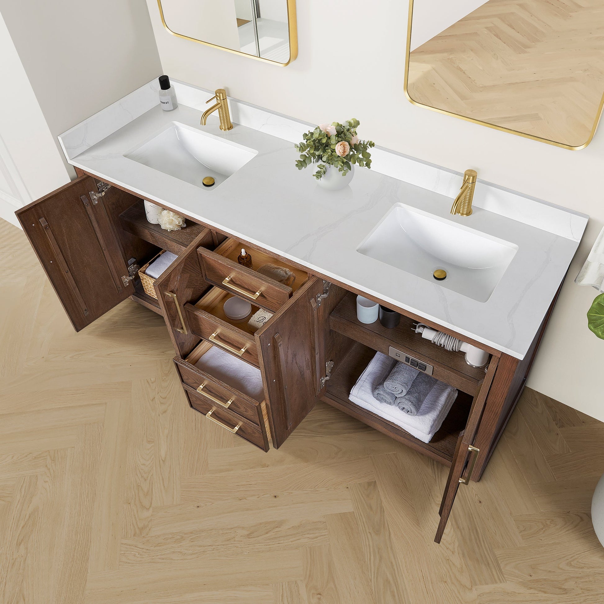 Jakarta 72" Freestanding Double Bath Vanity in Aged Dark Brown Oak with Silk White Quartz Stone Top