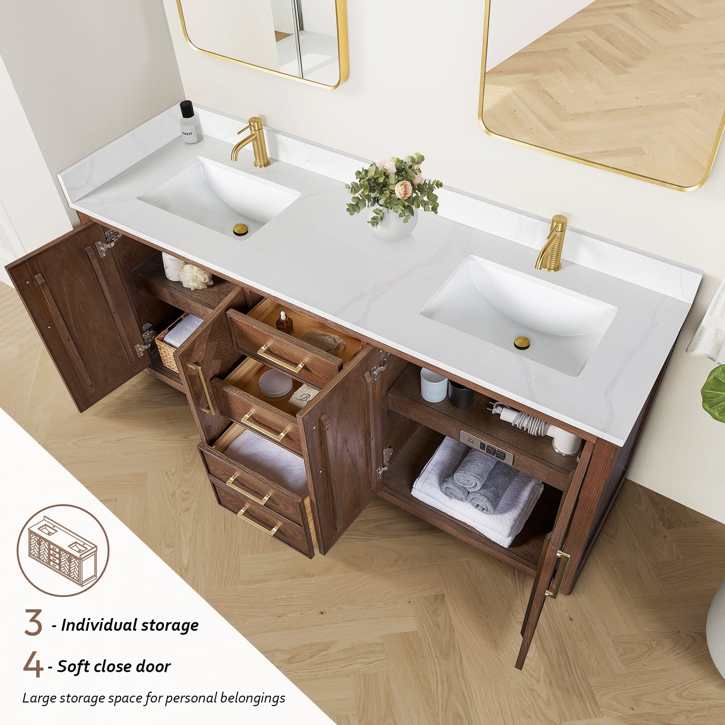 Jakarta 72" Freestanding Double Bath Vanity in Aged Dark Brown Oak with Silk White Quartz Stone Top