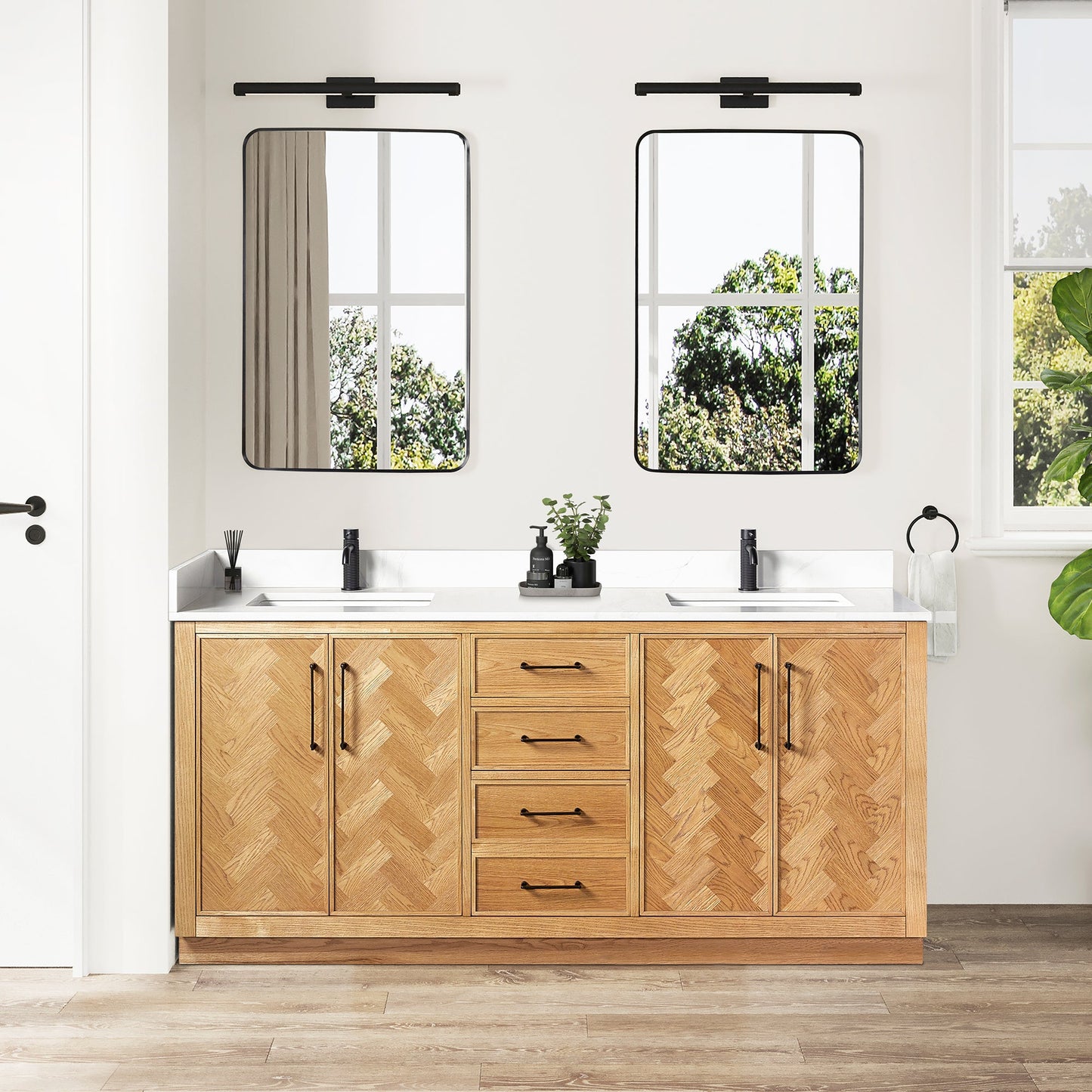 Jakarta 72" Freestanding Double Bath Vanity in Oak Weathering Light Brown with Silk White Quartz Stone Top