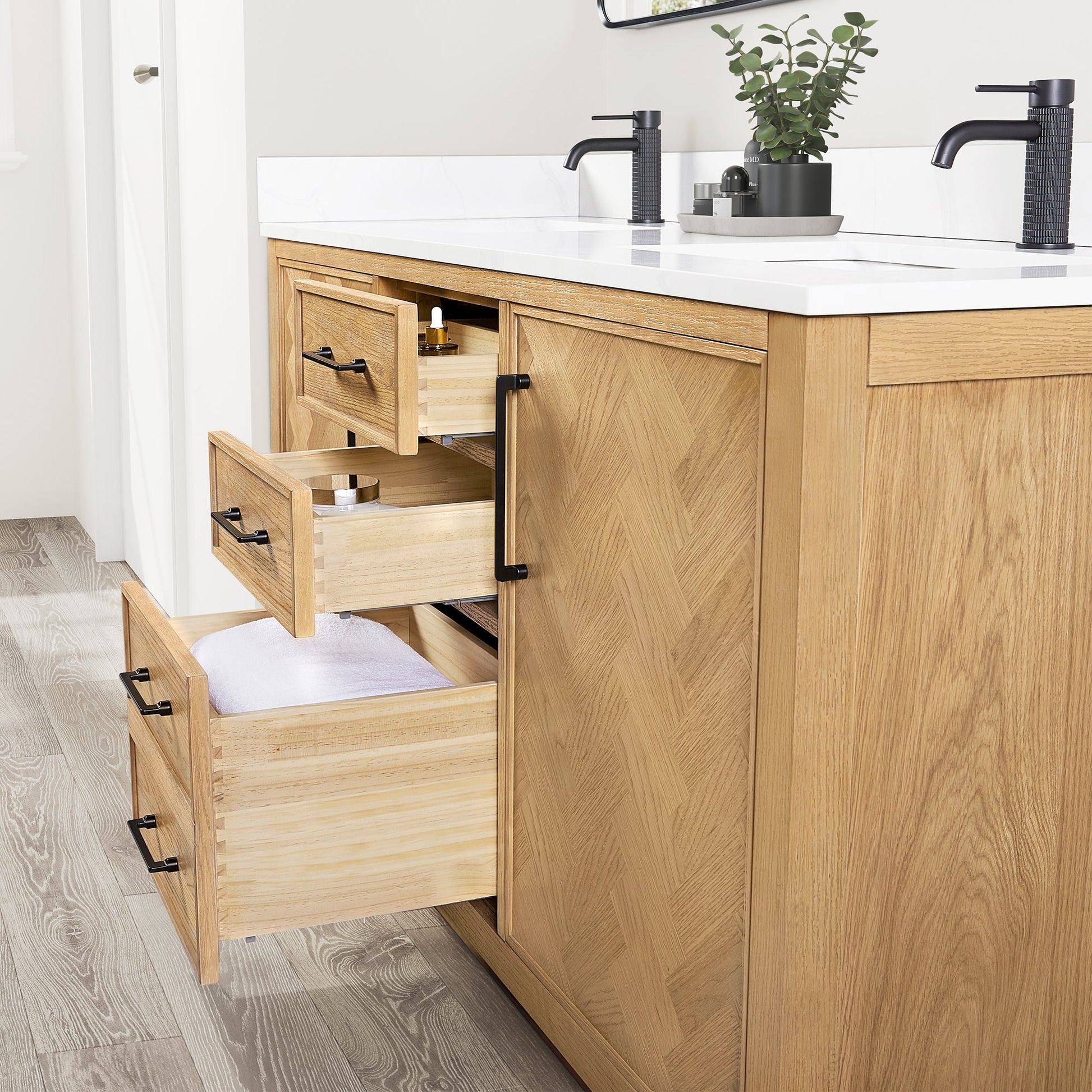 Jakarta 72" Freestanding Double Bath Vanity in Oak Weathering Light Brown with Silk White Quartz Stone Top