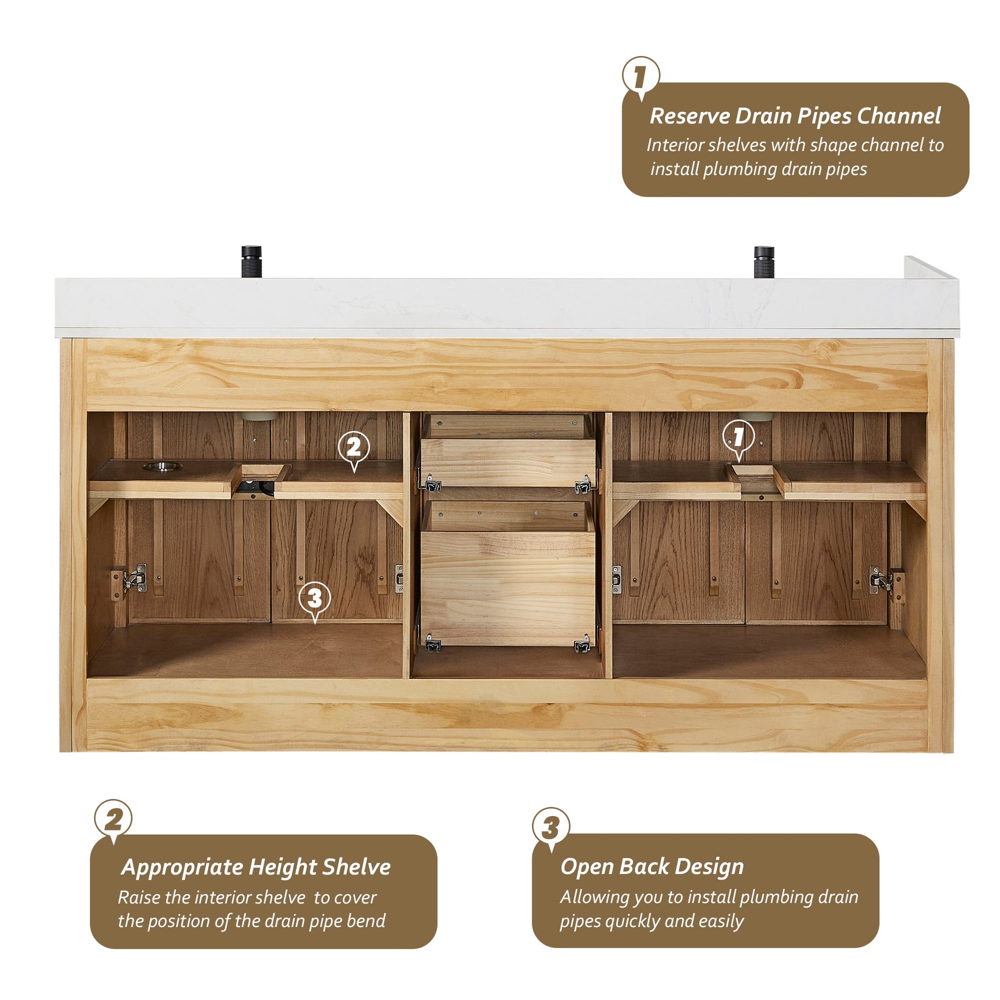 Jakarta 72" Freestanding Double Bath Vanity in Oak Weathering Light Brown with Silk White Quartz Stone Top