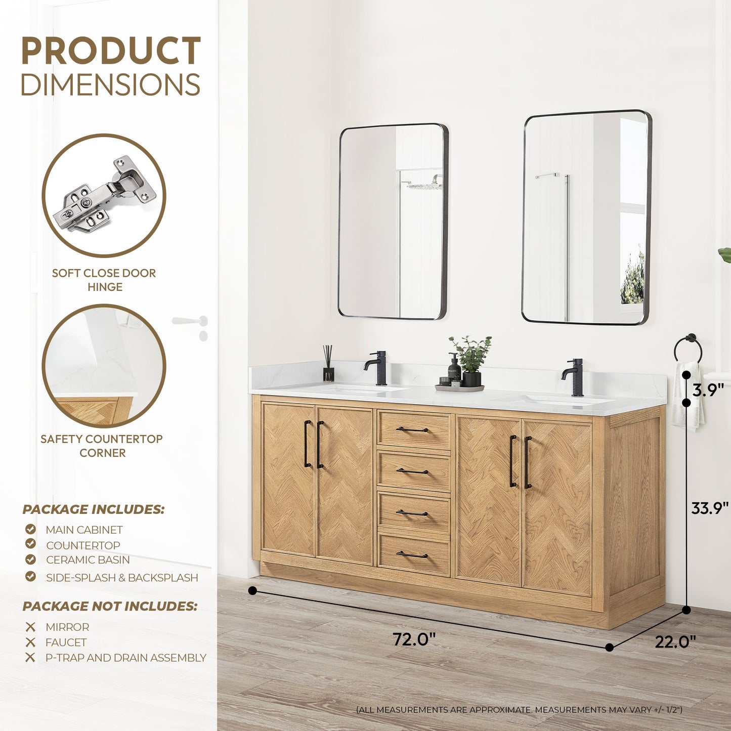 Jakarta 72" Freestanding Double Bath Vanity in Oak Weathering Light Brown with Silk White Quartz Stone Top
