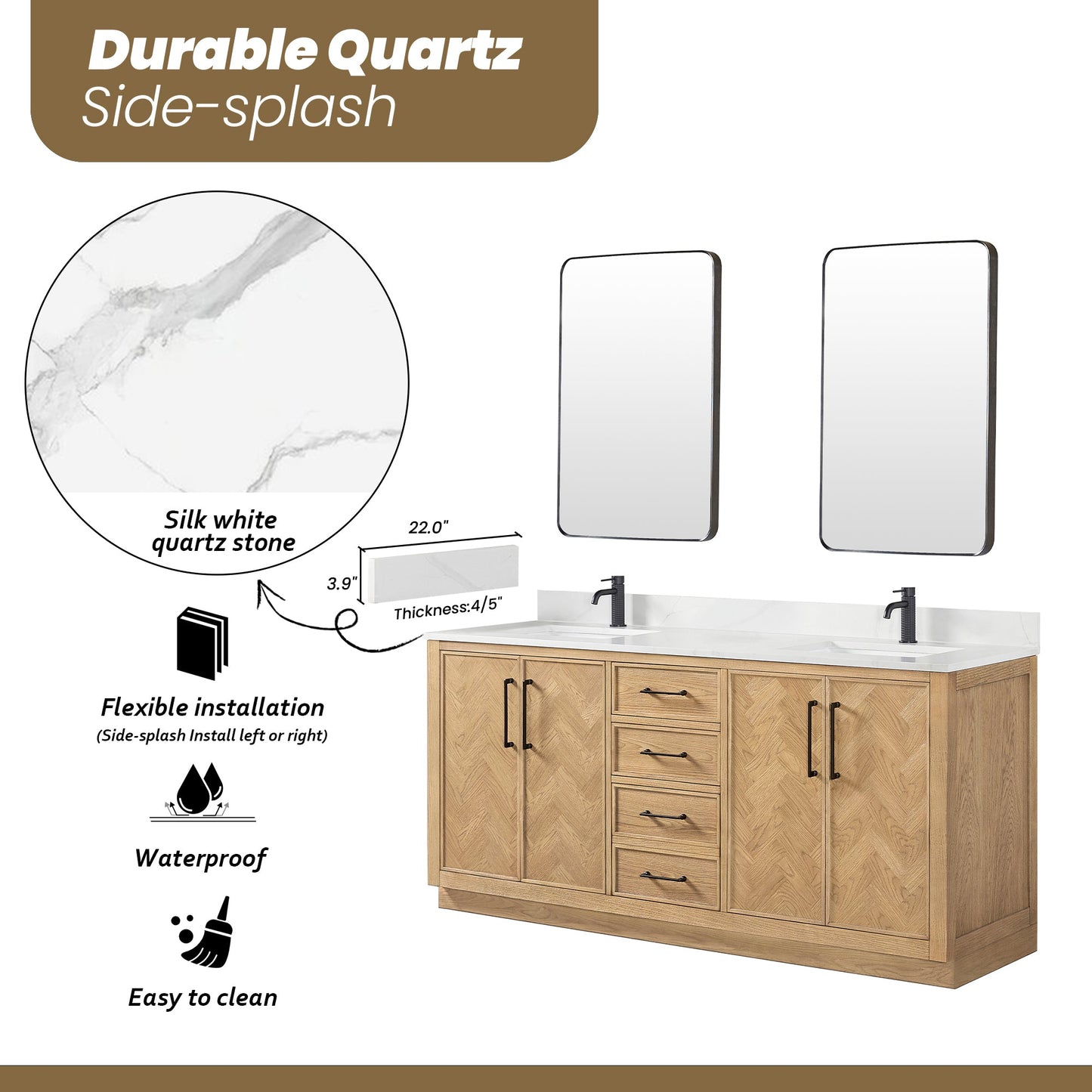 Jakarta 72" Freestanding Double Bath Vanity in Oak Weathering Light Brown with Silk White Quartz Stone Top