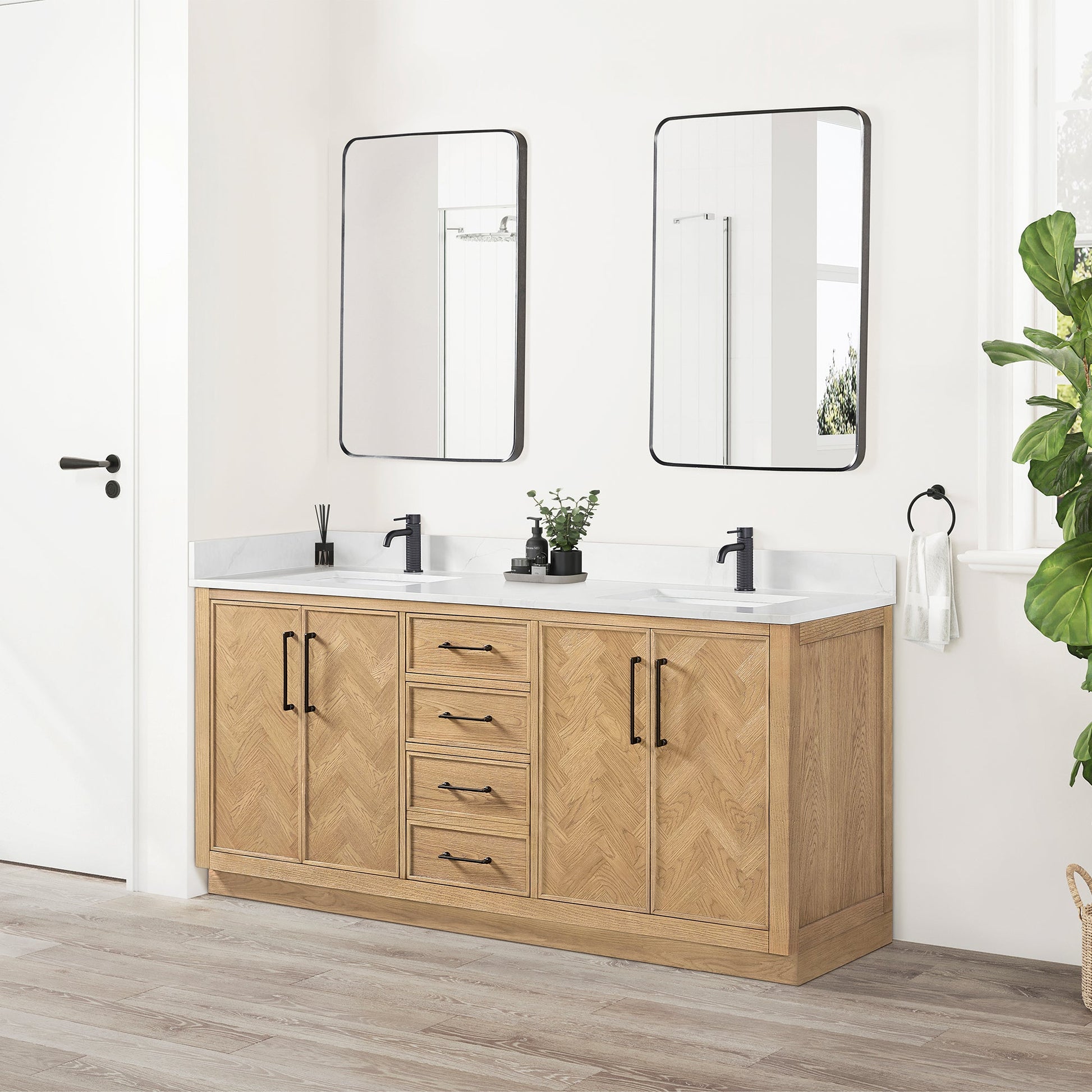 Jakarta 72" Freestanding Double Bath Vanity in Oak Weathering Light Brown with Silk White Quartz Stone Top