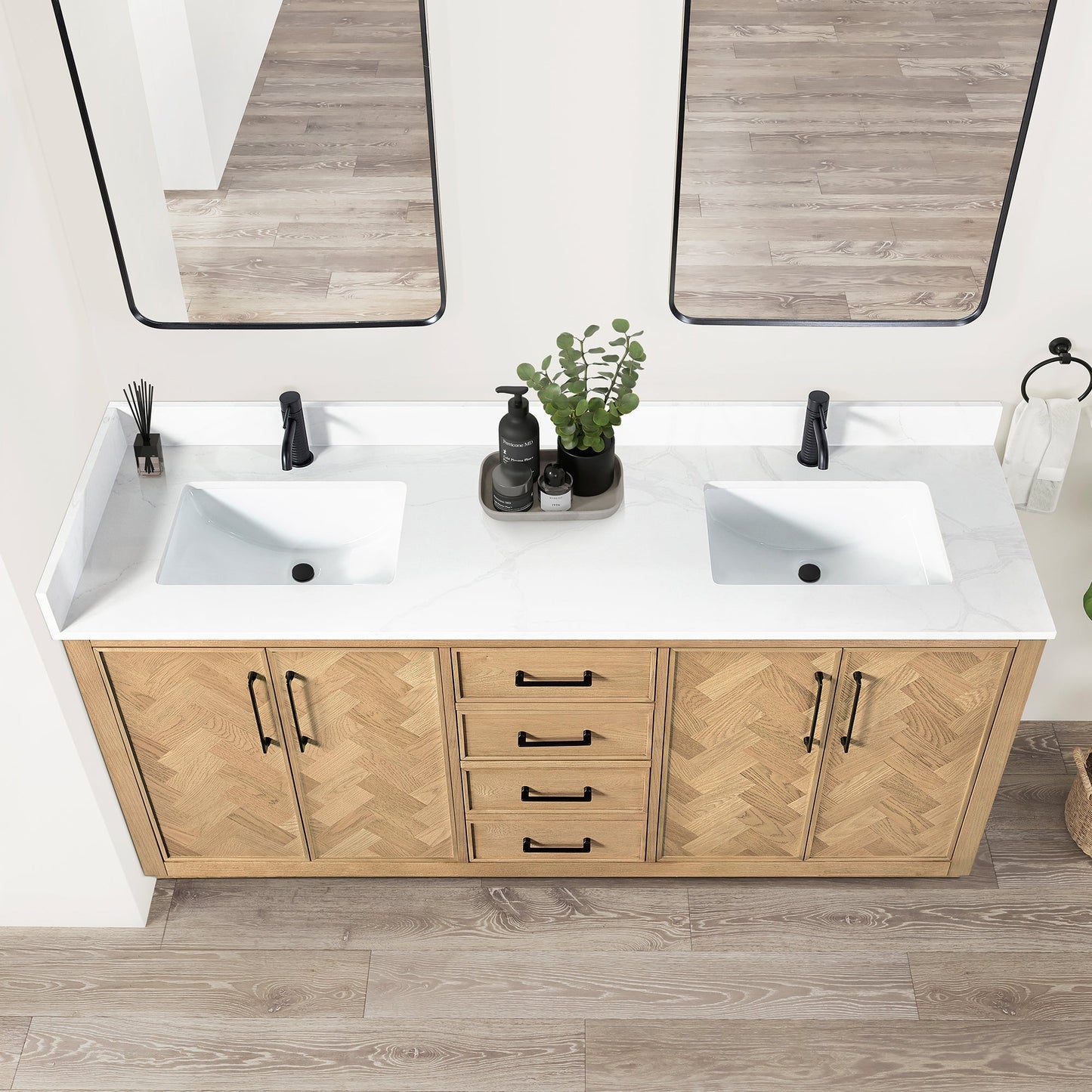 Jakarta 72" Freestanding Double Bath Vanity in Oak Weathering Light Brown with Silk White Quartz Stone Top