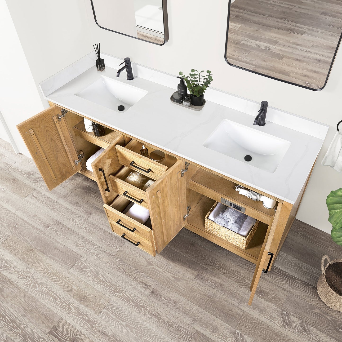Jakarta 72" Freestanding Double Bath Vanity in Oak Weathering Light Brown with Silk White Quartz Stone Top