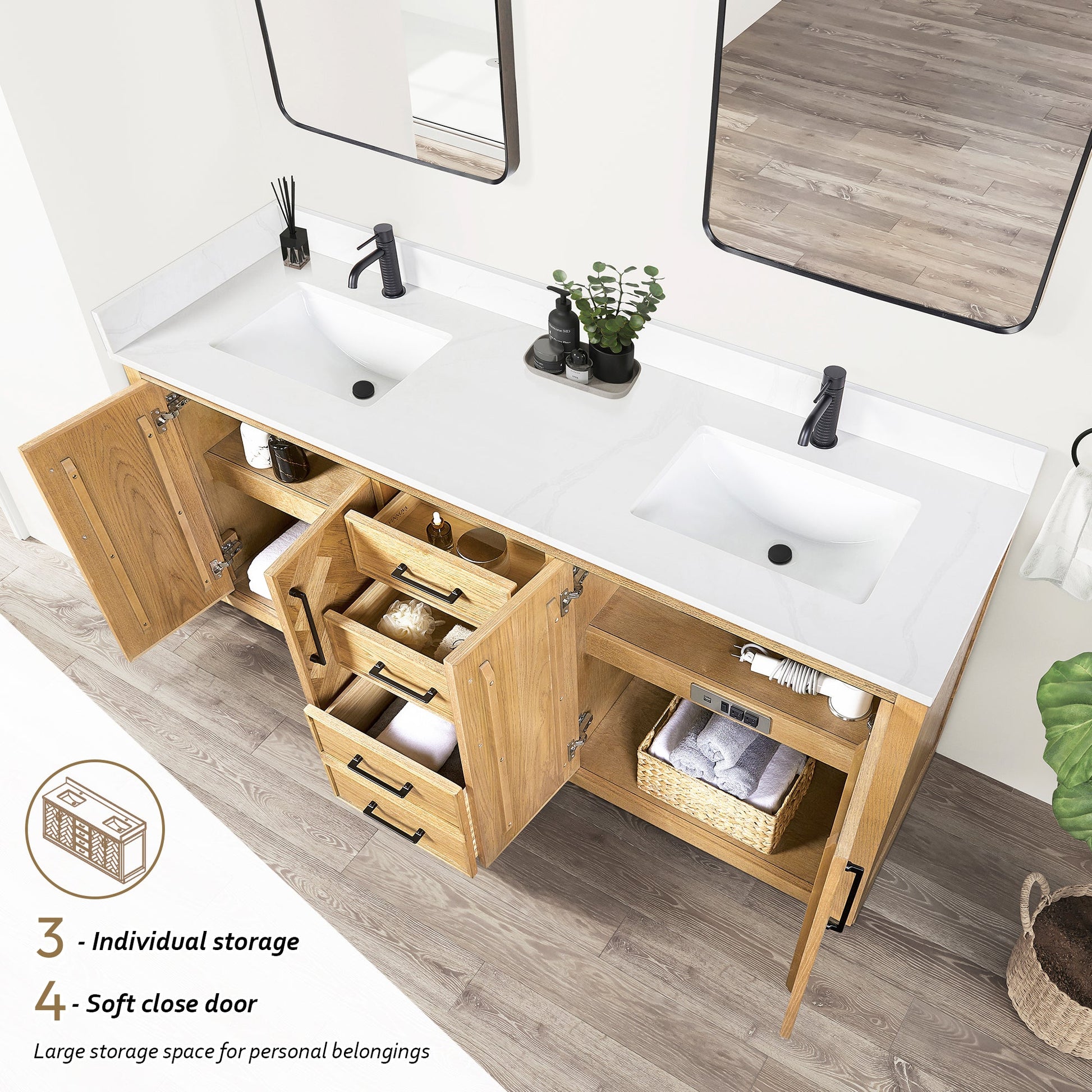 Jakarta 72" Freestanding Double Bath Vanity in Oak Weathering Light Brown with Silk White Quartz Stone Top