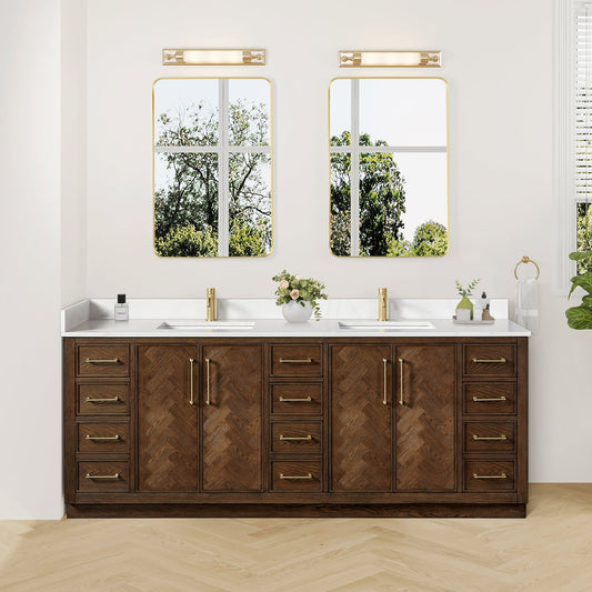 Jakarta 84" Freestanding Double Bath Vanity in Aged Dark Brown Oak with Silk White Quartz Stone Top