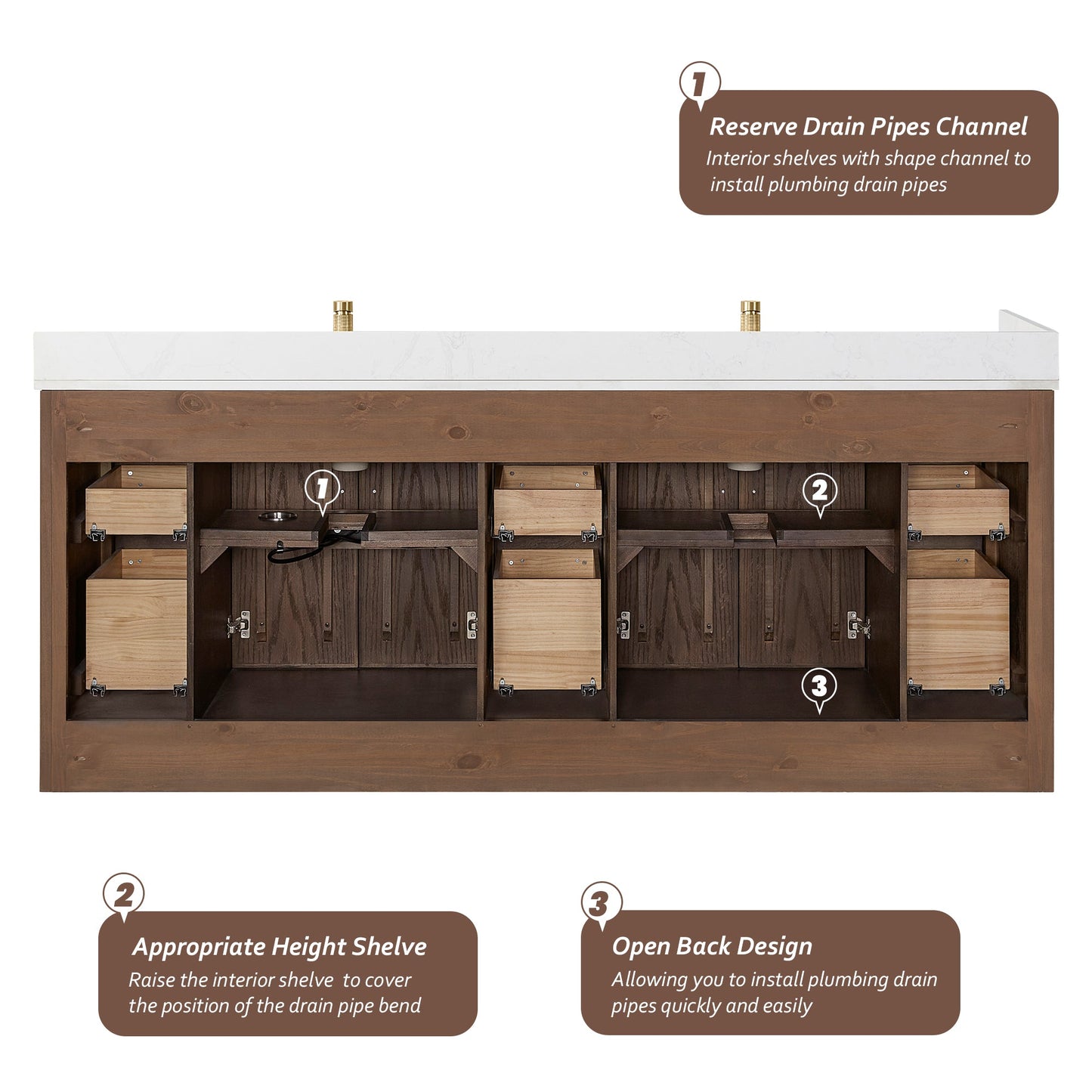 Jakarta 84" Freestanding Double Bath Vanity in Aged Dark Brown Oak with Silk White Quartz Stone Top