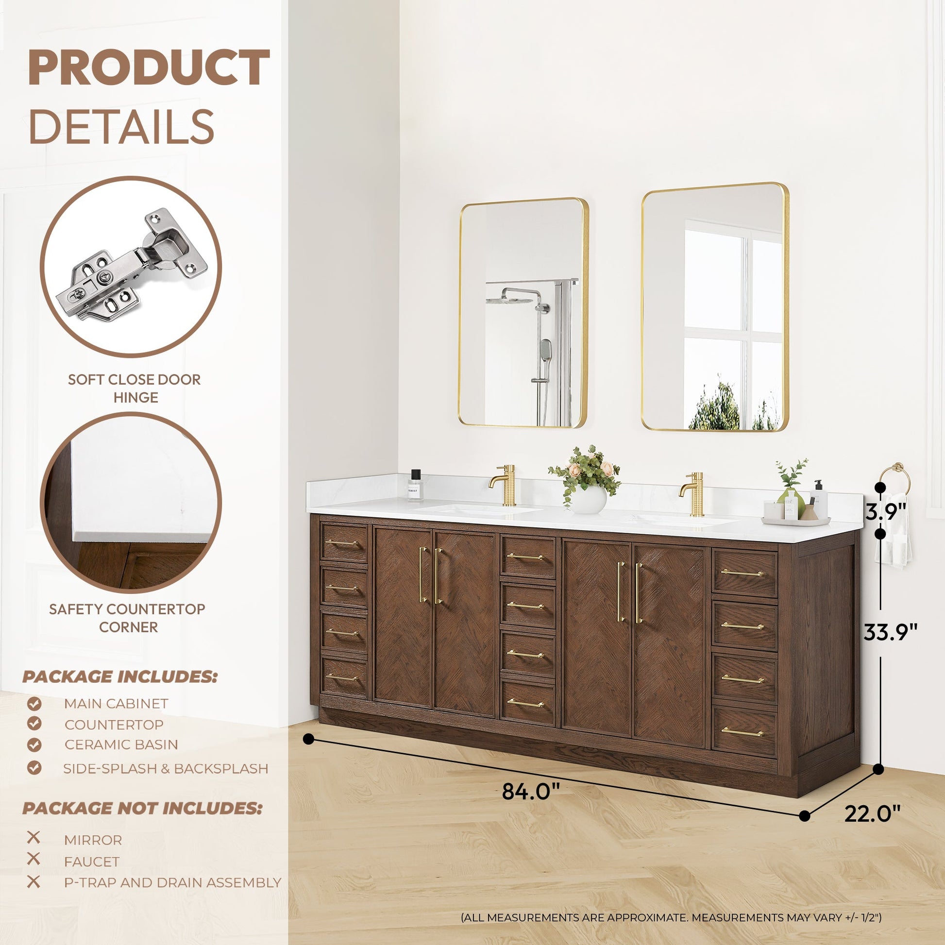 Jakarta 84" Freestanding Double Bath Vanity in Aged Dark Brown Oak with Silk White Quartz Stone Top