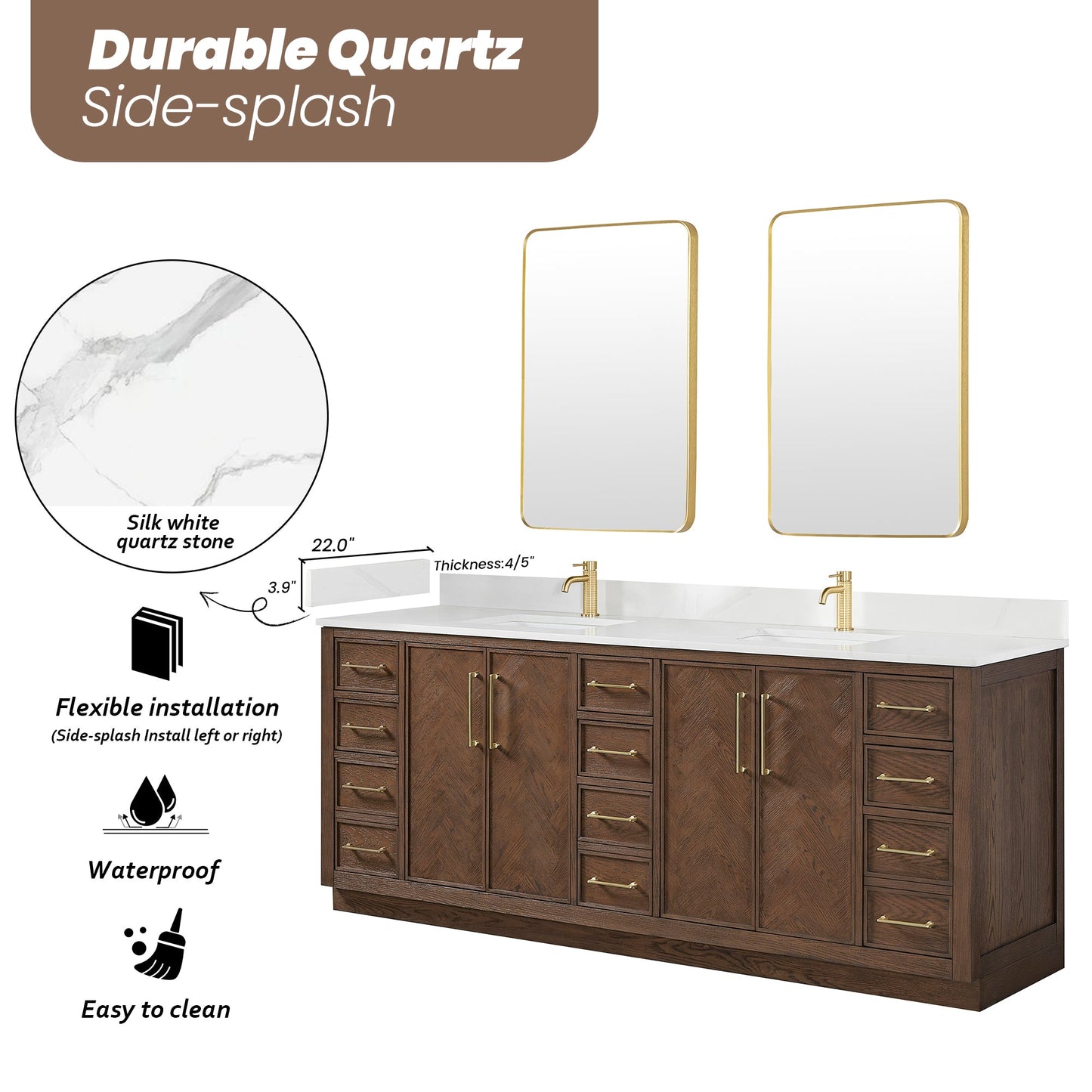 Jakarta 84" Freestanding Double Bath Vanity in Aged Dark Brown Oak with Silk White Quartz Stone Top