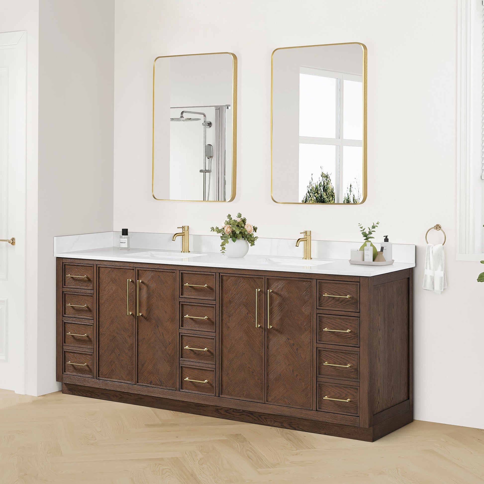 Jakarta 84" Freestanding Double Bath Vanity in Aged Dark Brown Oak with Silk White Quartz Stone Top