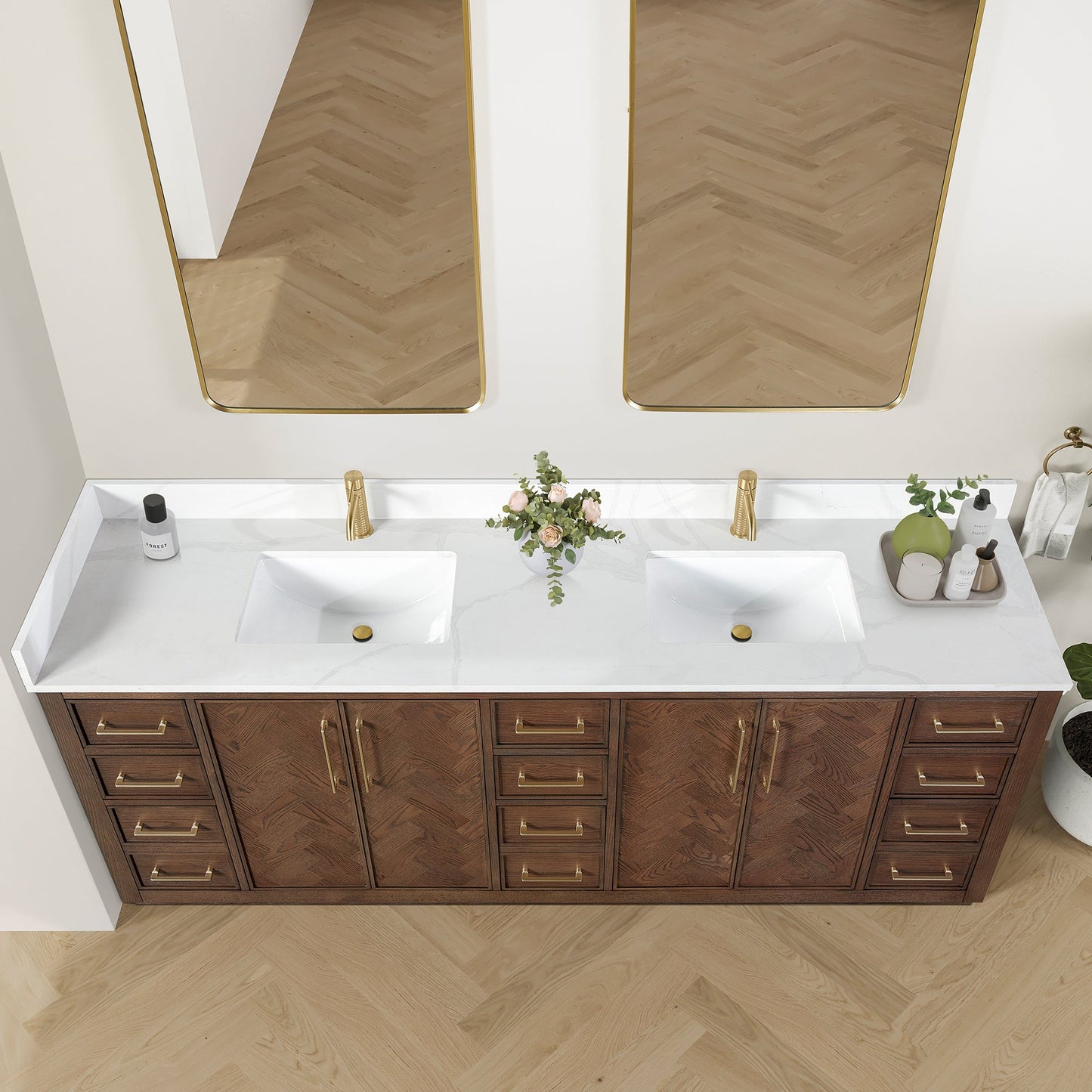 Jakarta 84" Freestanding Double Bath Vanity in Aged Dark Brown Oak with Silk White Quartz Stone Top