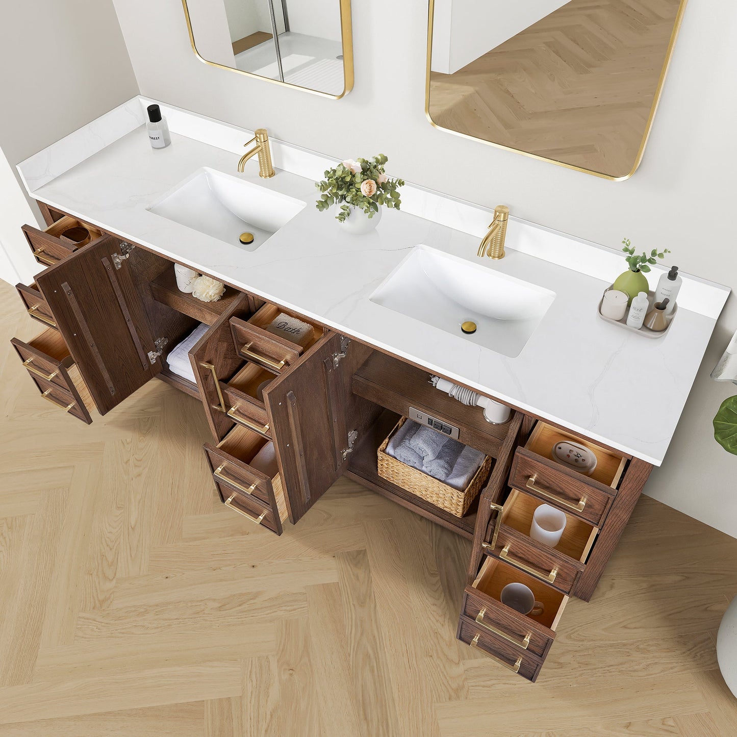 Jakarta 84" Freestanding Double Bath Vanity in Aged Dark Brown Oak with Silk White Quartz Stone Top