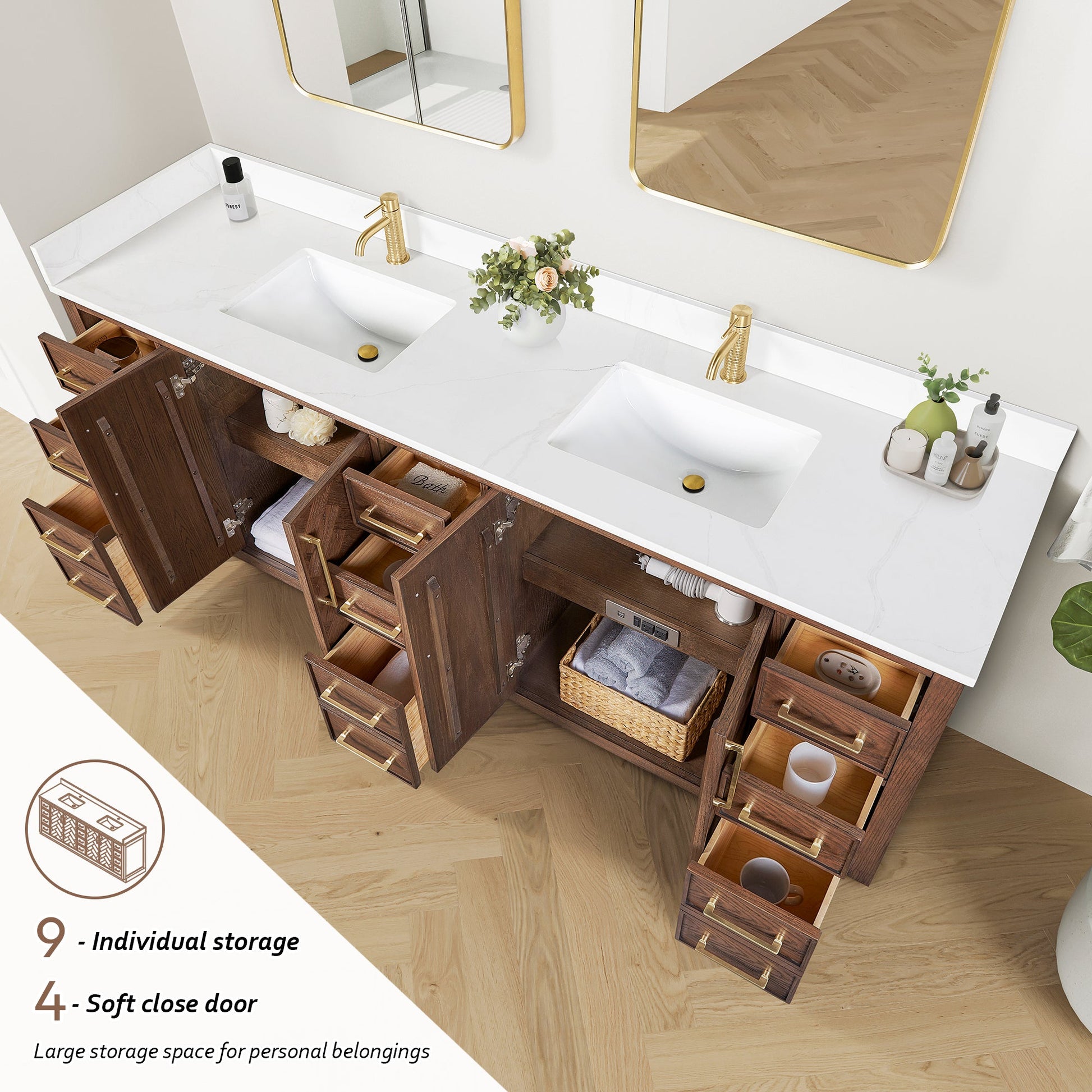 Jakarta 84" Freestanding Double Bath Vanity in Aged Dark Brown Oak with Silk White Quartz Stone Top