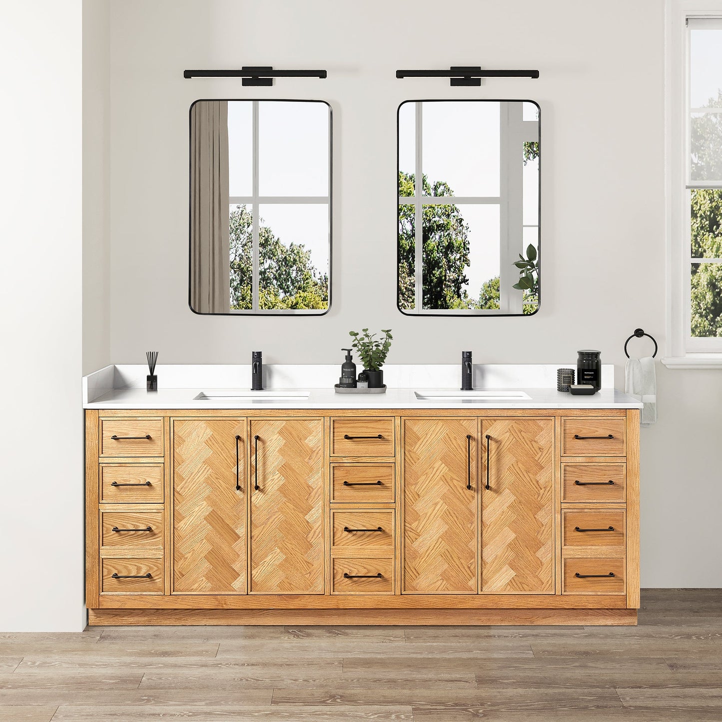 Jakarta 84" Freestanding Double Bath Vanity in Oak Weathering Light Brown with Silk White Quartz Stone Top