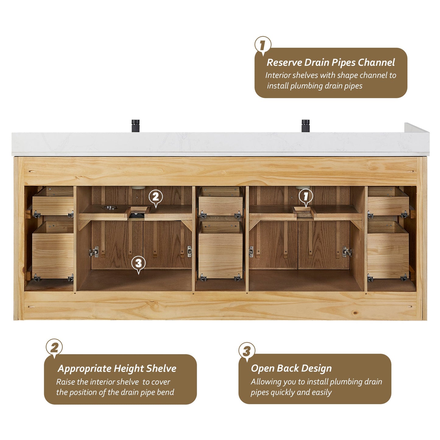Jakarta 84" Freestanding Double Bath Vanity in Oak Weathering Light Brown with Silk White Quartz Stone Top