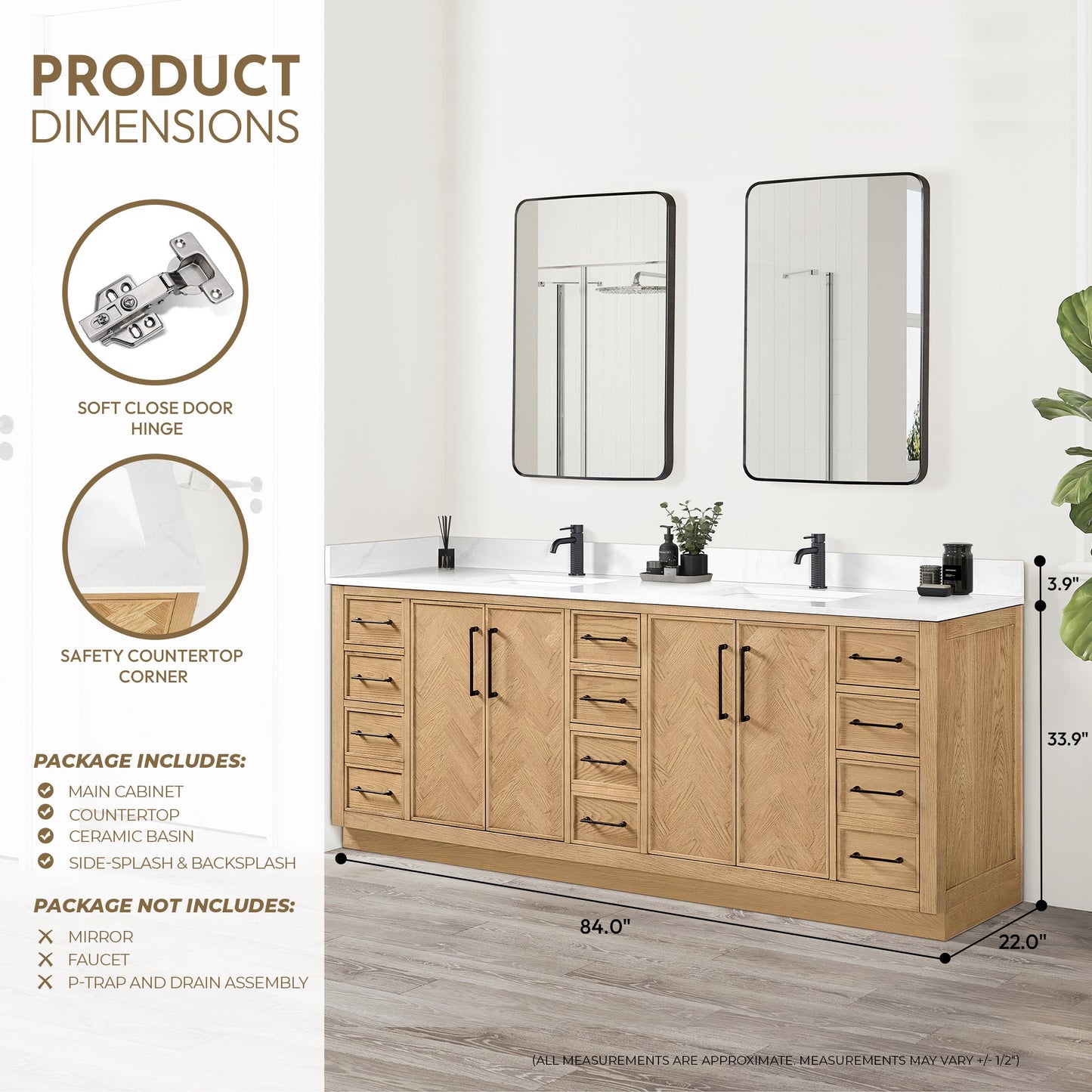 Jakarta 84" Freestanding Double Bath Vanity in Oak Weathering Light Brown with Silk White Quartz Stone Top